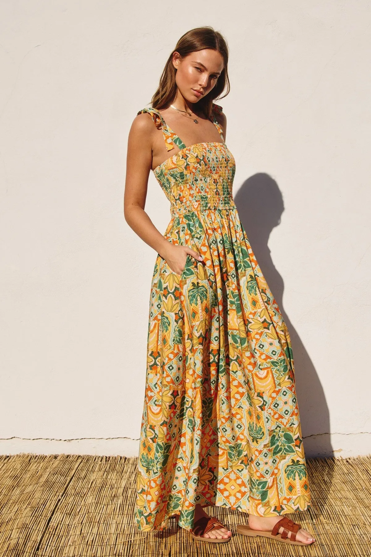 Yellow Floral Smocked Shoulder Tie Maxi Dress sold by Pinkblush