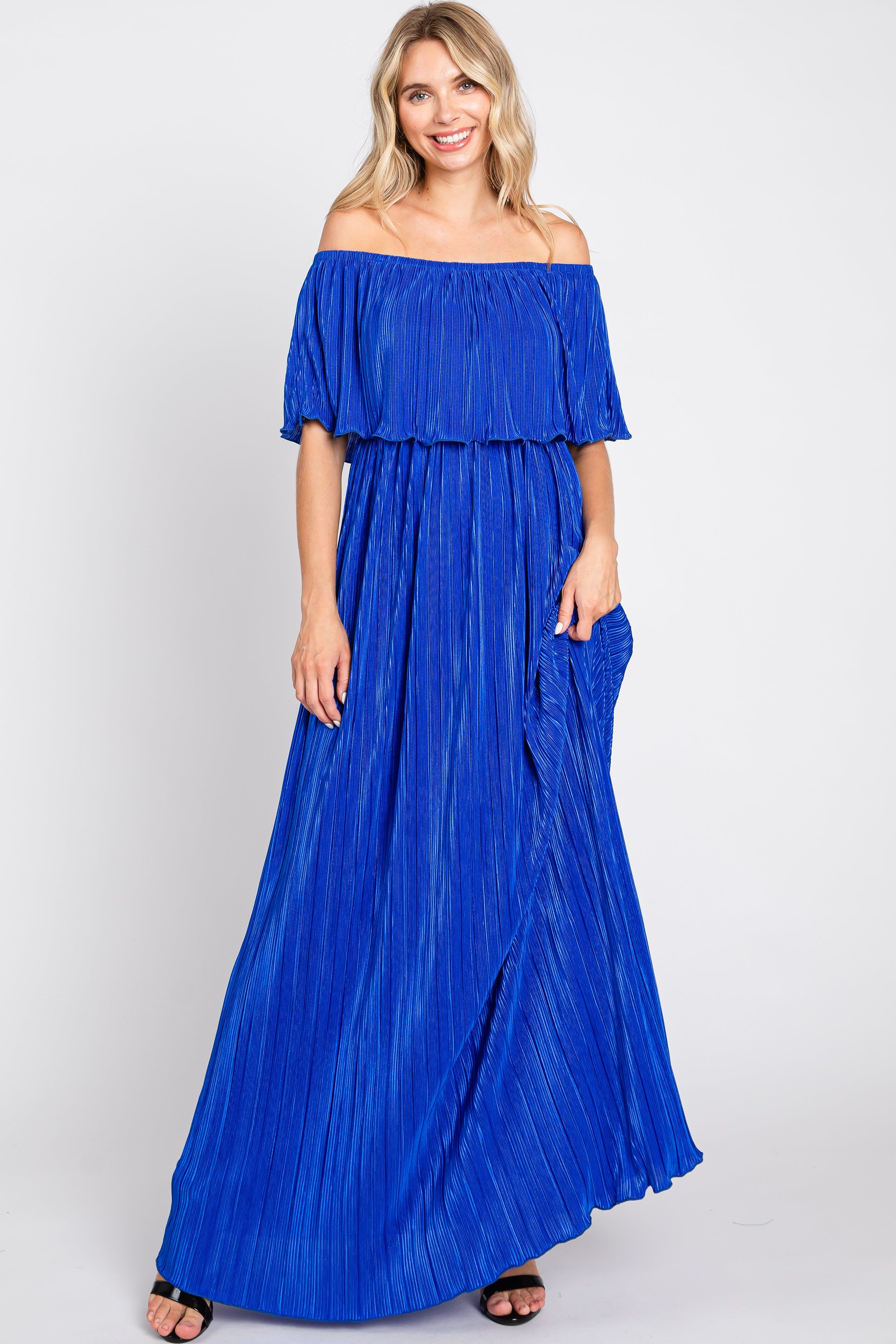 Royal Blue Pleated Plisse Ruffle Off-Shoulder Maxi Dress sold by Pinkblush product image thumbnail 5