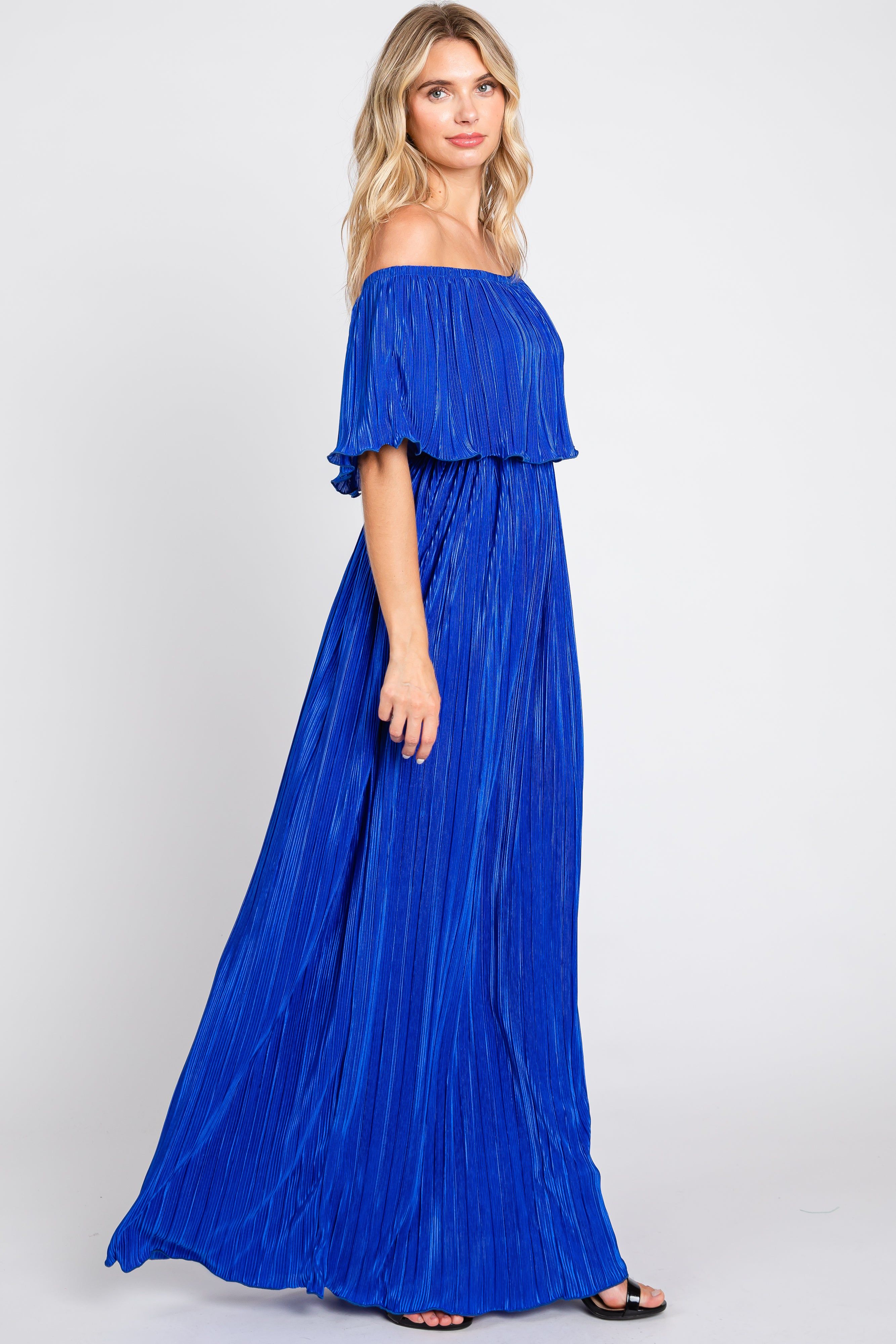 Royal Blue Pleated Plisse Ruffle Off-Shoulder Maxi Dress sold by Pinkblush product image thumbnail 2