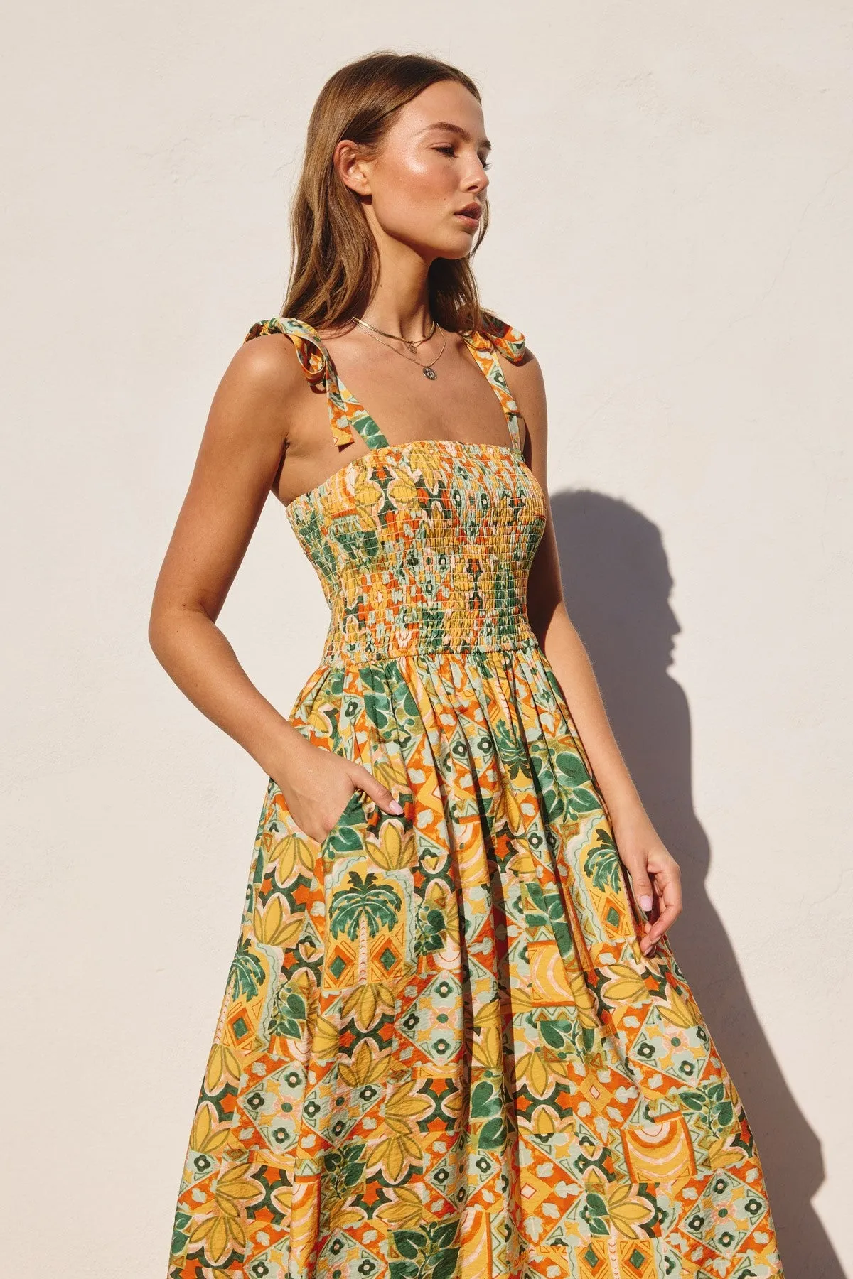 Yellow Floral Smocked Shoulder Tie Maxi Dress sold by Pinkblush product image thumbnail 4