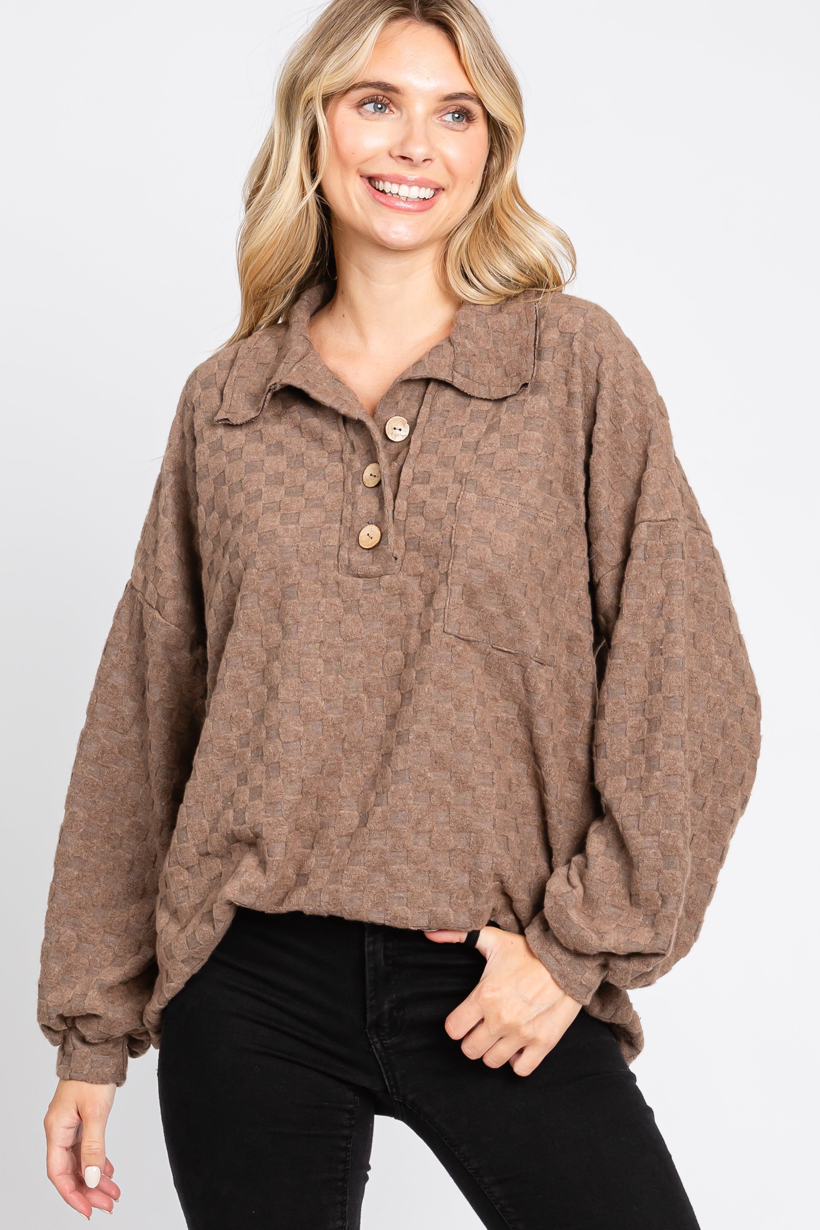 Mocha Fuzzy Checkered Button Front Maternity Top sold by Pinkblush product image thumbnail 5