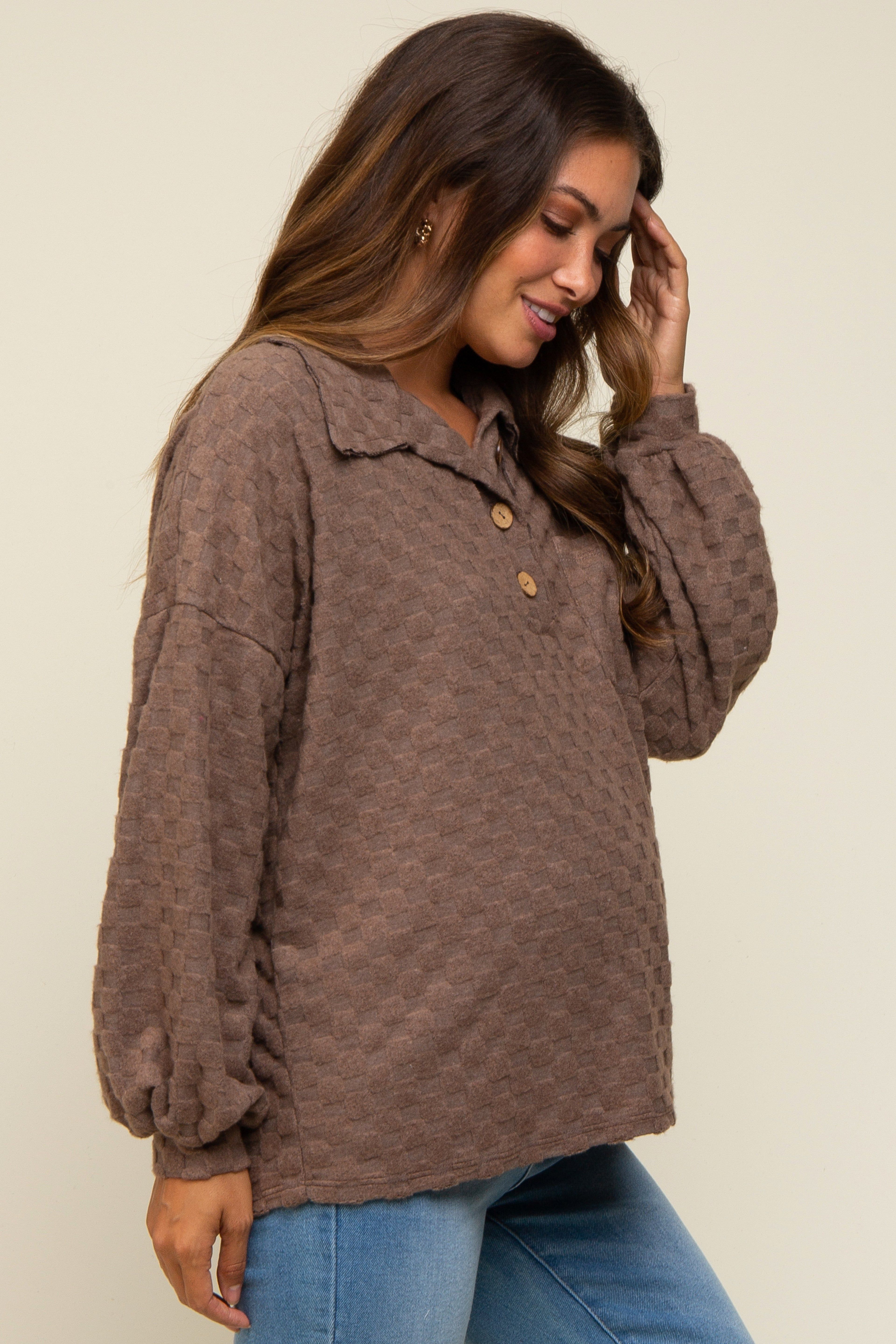 Mocha Fuzzy Checkered Button Front Maternity Top sold by Pinkblush product image thumbnail 2