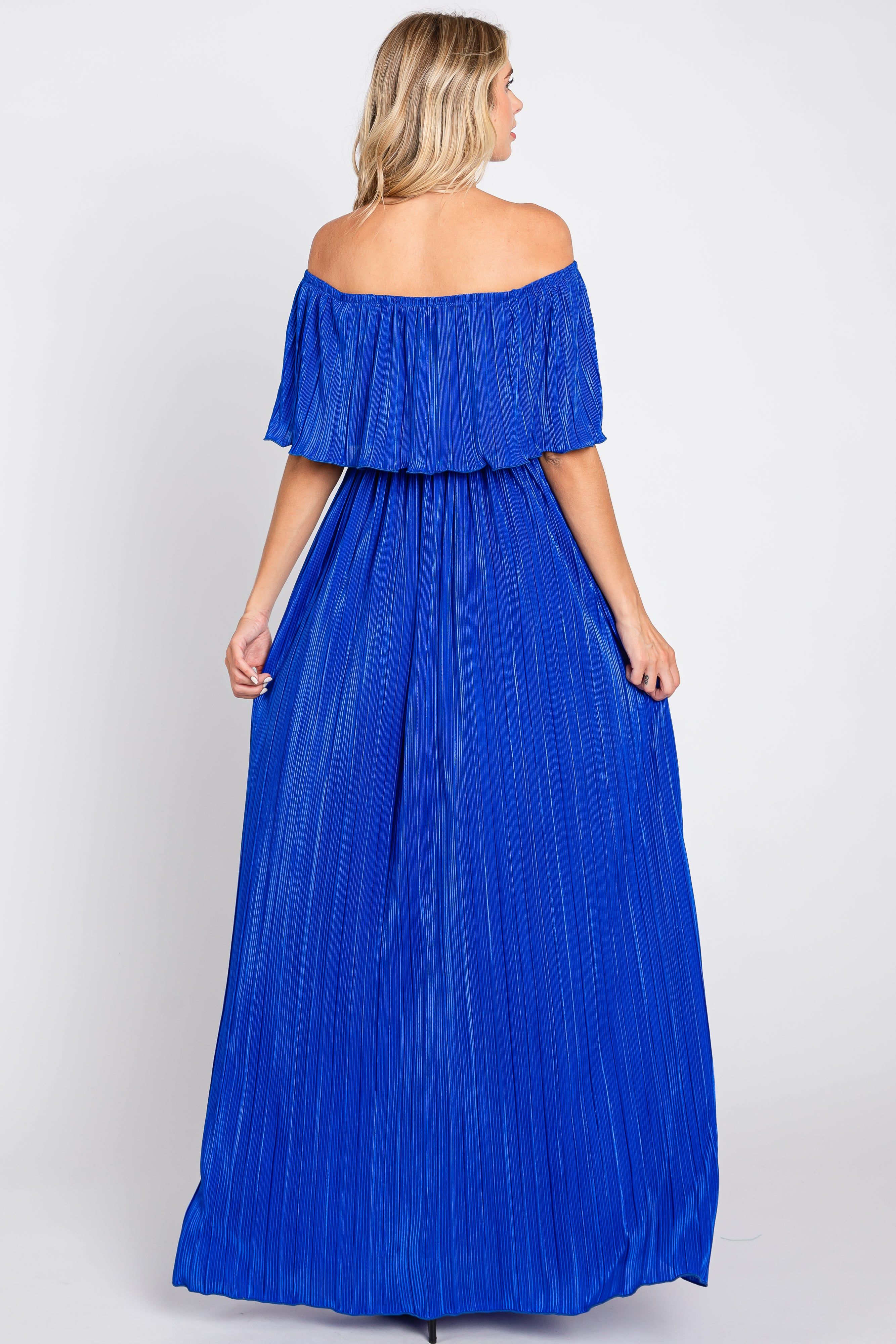 Royal Blue Pleated Plisse Ruffle Off-Shoulder Maxi Dress sold by Pinkblush product image thumbnail 3
