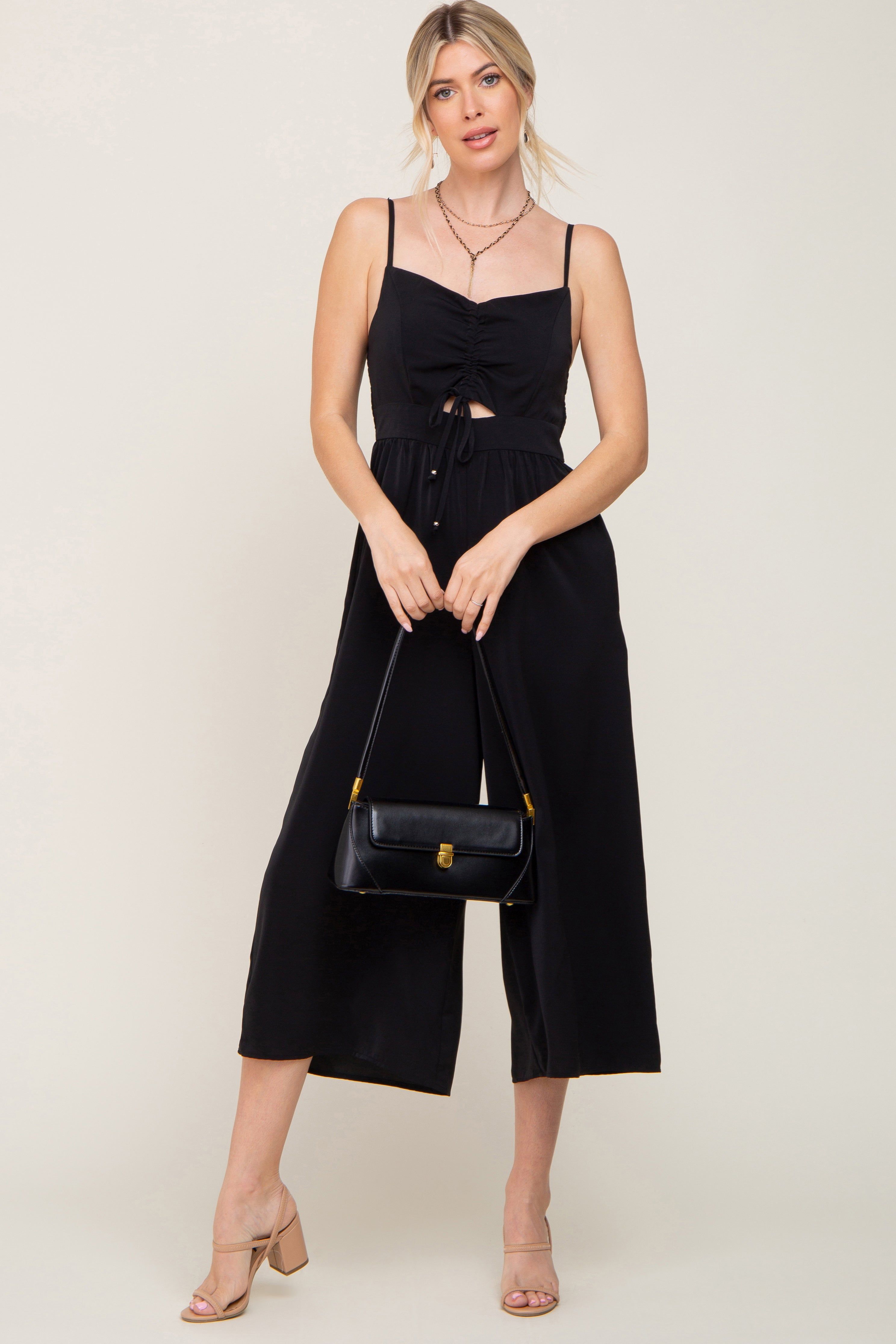 Black Sleeveless Ruched Drawstring Jumpsuit sold by Pinkblush