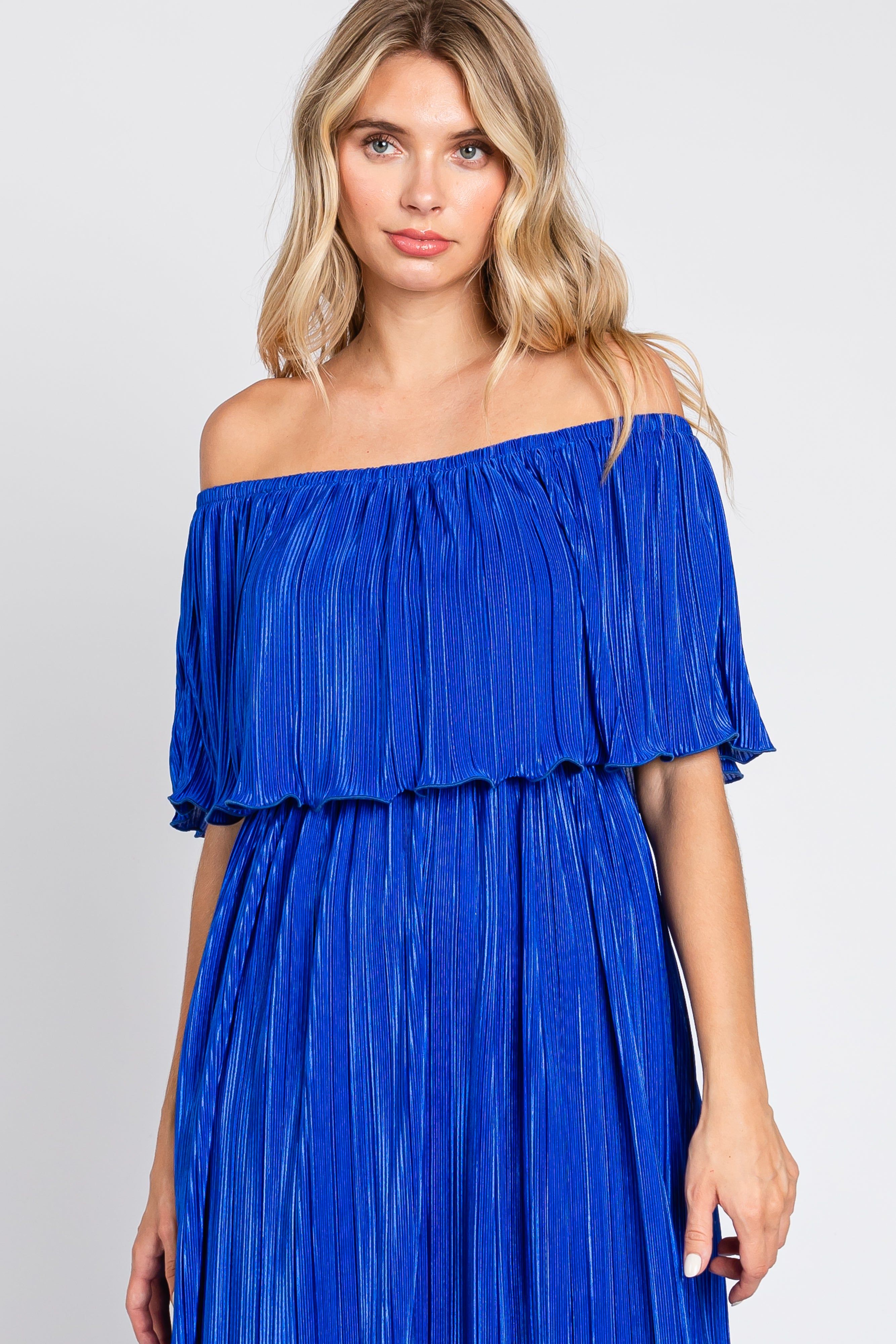 Royal Blue Pleated Plisse Ruffle Off-Shoulder Maxi Dress sold by Pinkblush product image thumbnail 4