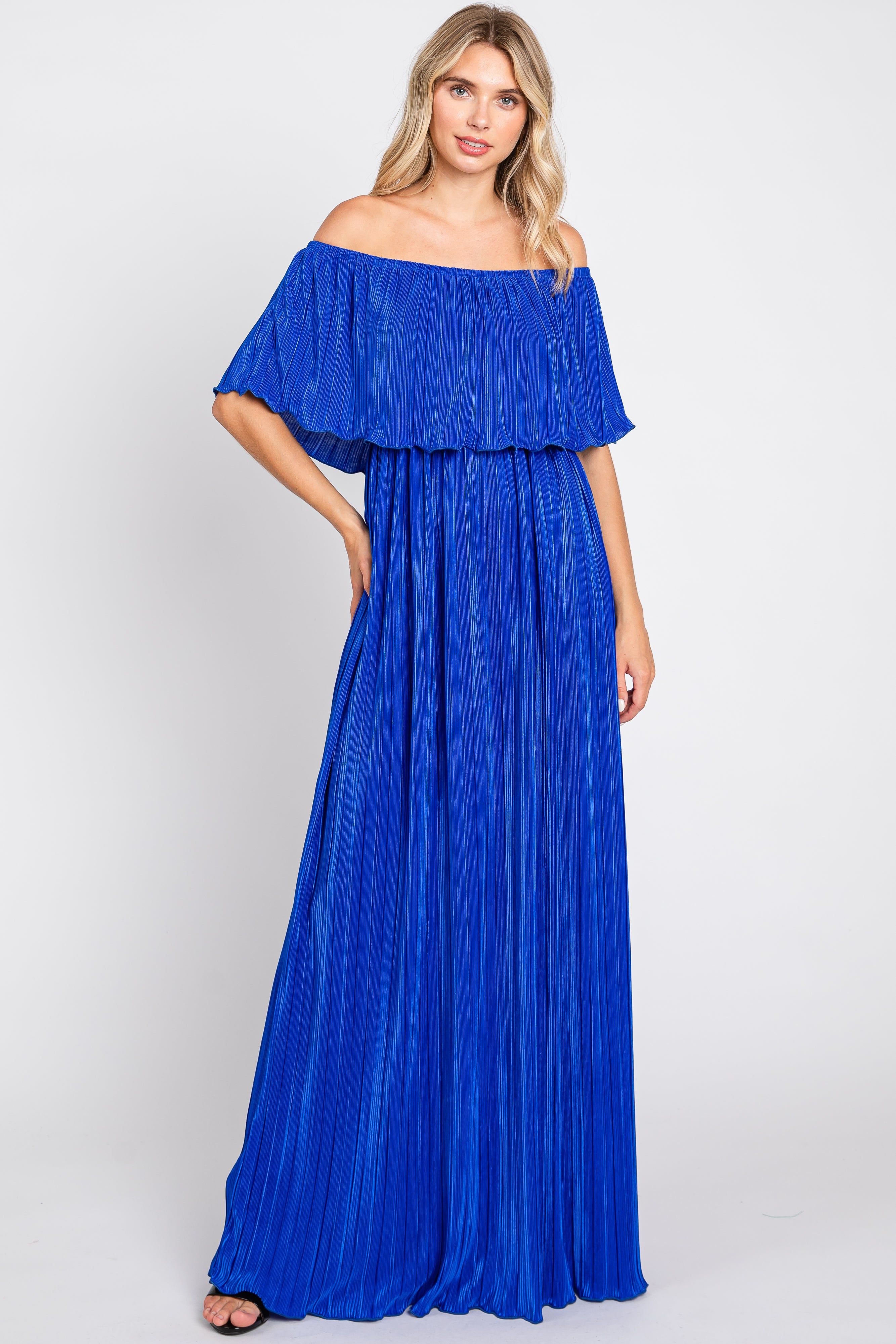 Royal Blue Pleated Plisse Ruffle Off-Shoulder Maxi Dress sold by Pinkblush