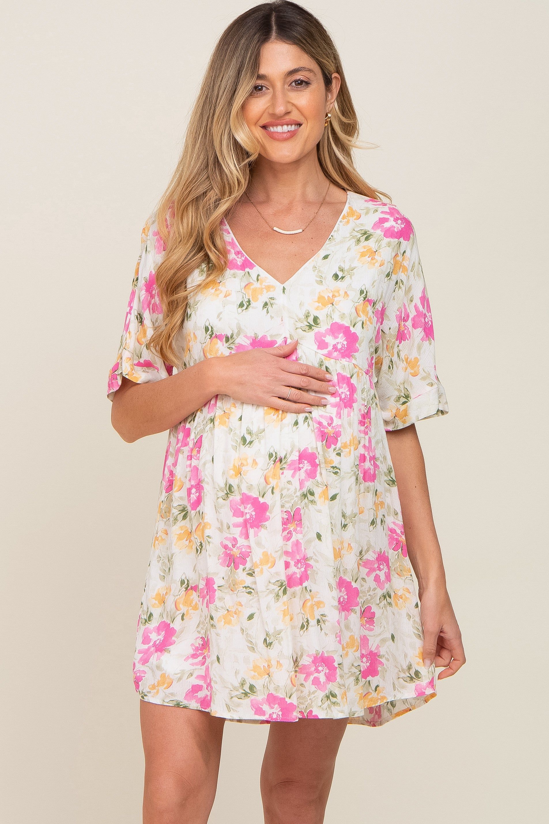 White Floral Babydoll Maternity Dress sold by Pinkblush