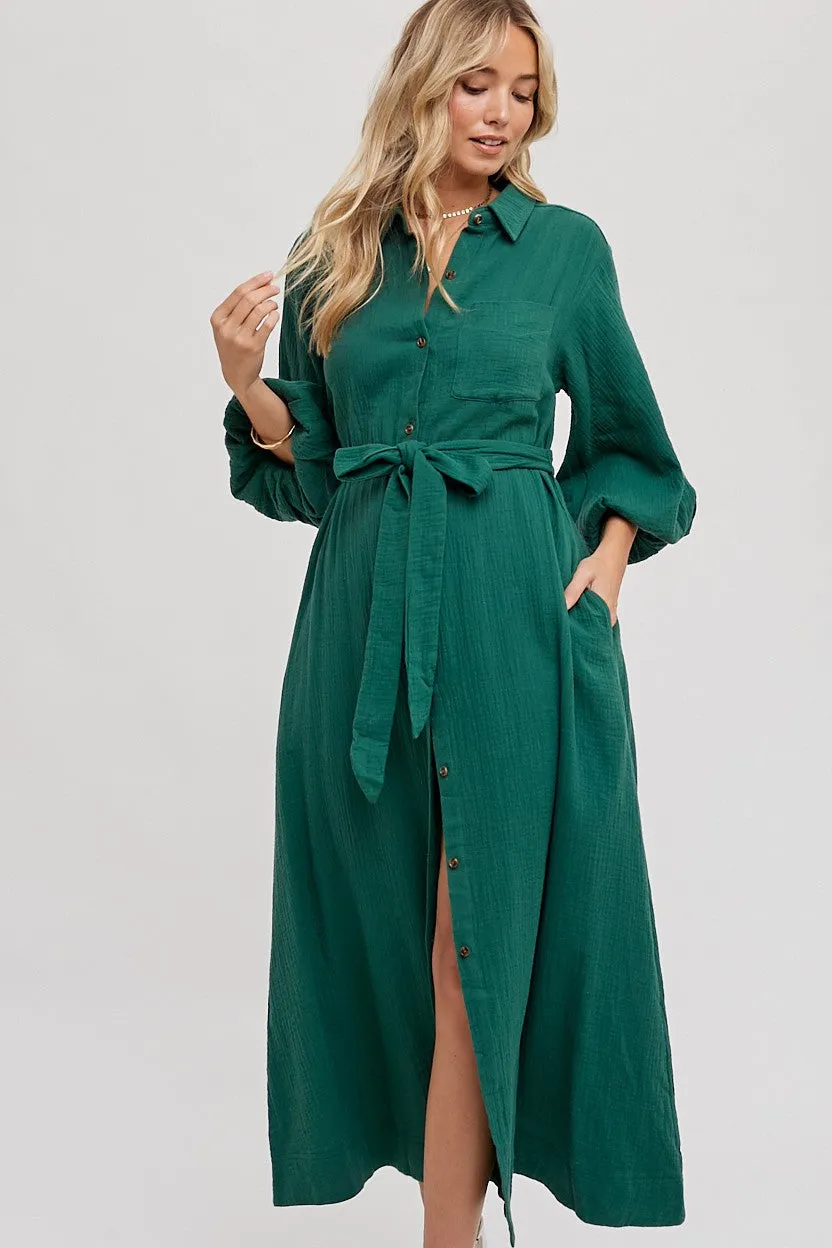 Forest Green Gauze Belted Shirt Midi Dress sold by Pinkblush product image thumbnail 4
