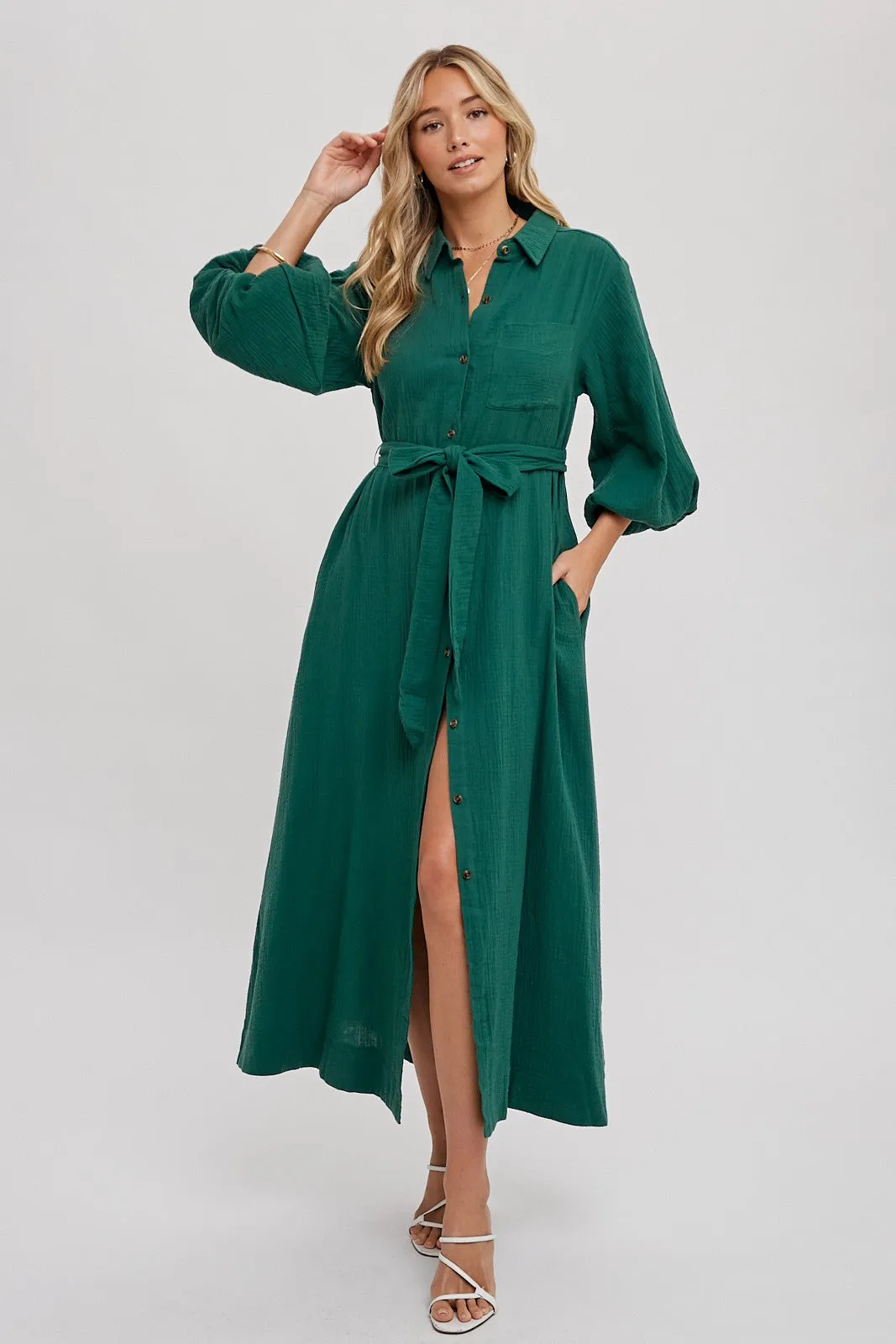 Forest Green Gauze Belted Shirt Midi Dress sold by Pinkblush