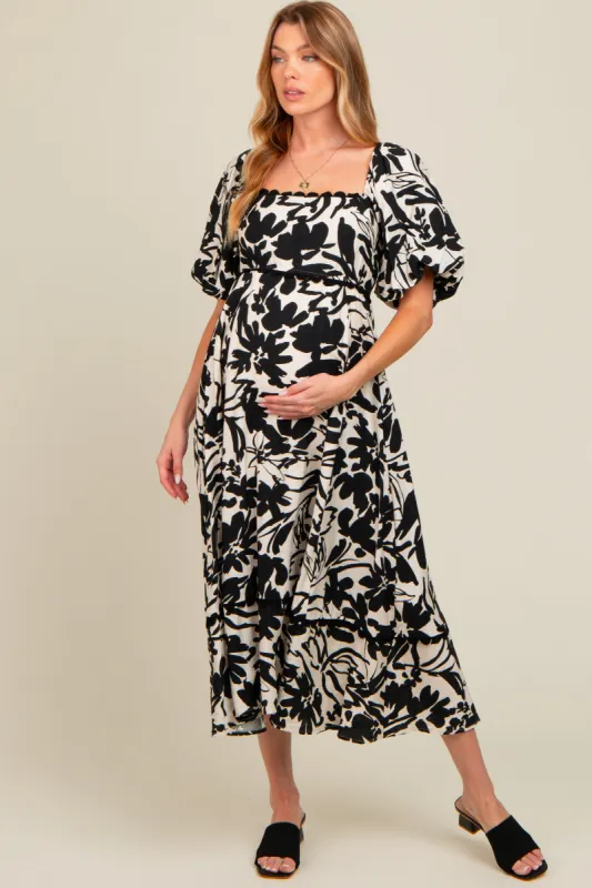 Black Floral Scallop Trim Maternity Midi Dress sold by Pinkblush