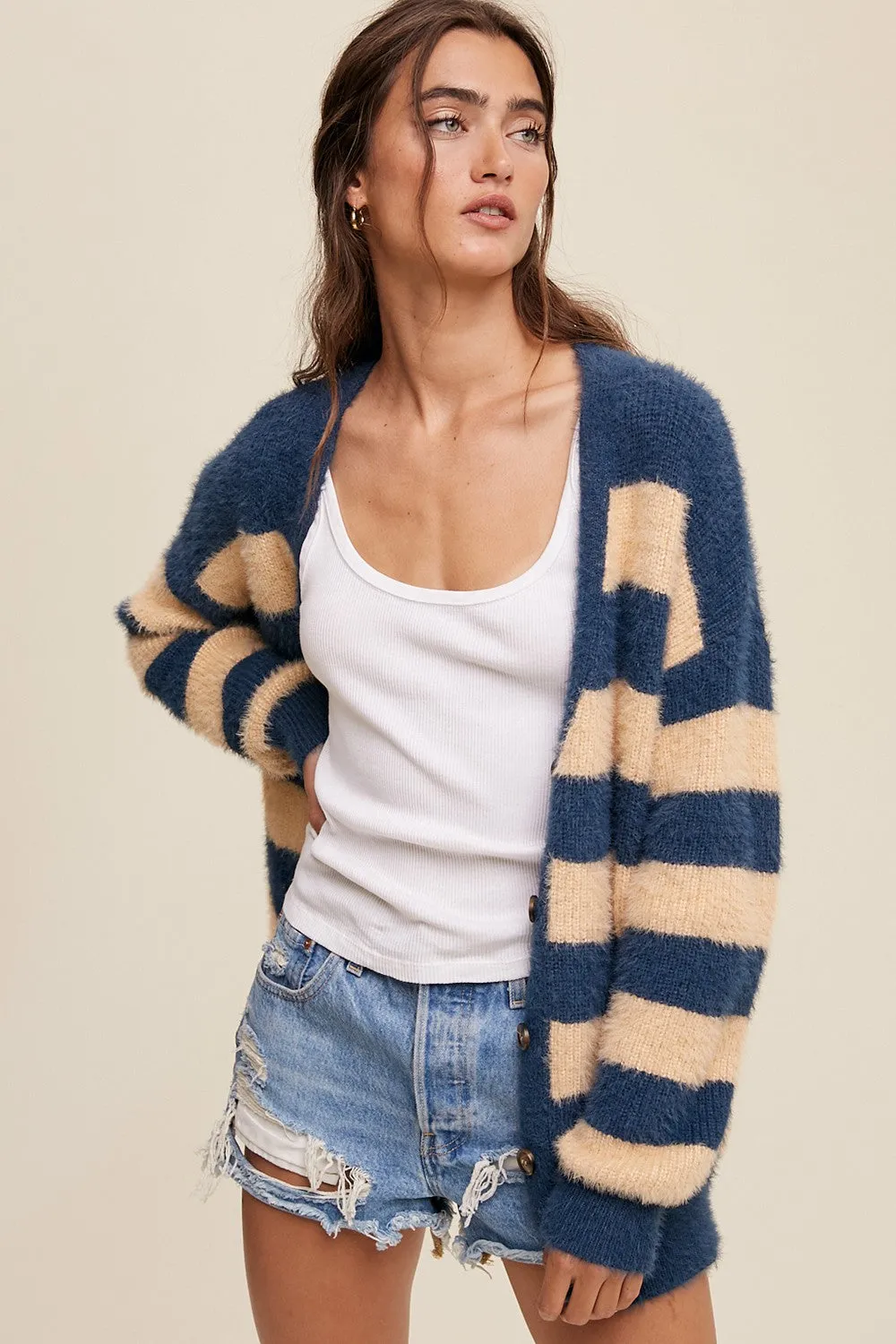 Navy Blue Striped Fuzzy Cardigan sold by Pinkblush product image thumbnail 2
