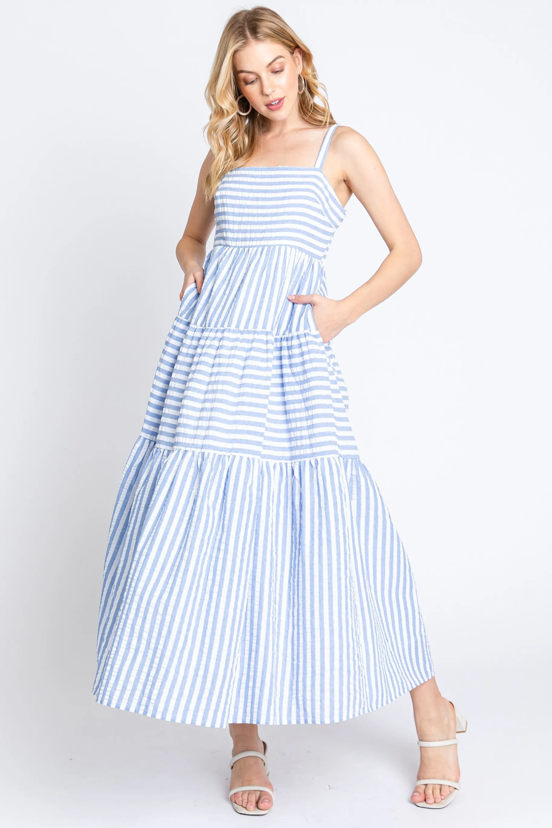 Blue Striped Sleeveless Tiered Maxi Dress sold by Pinkblush