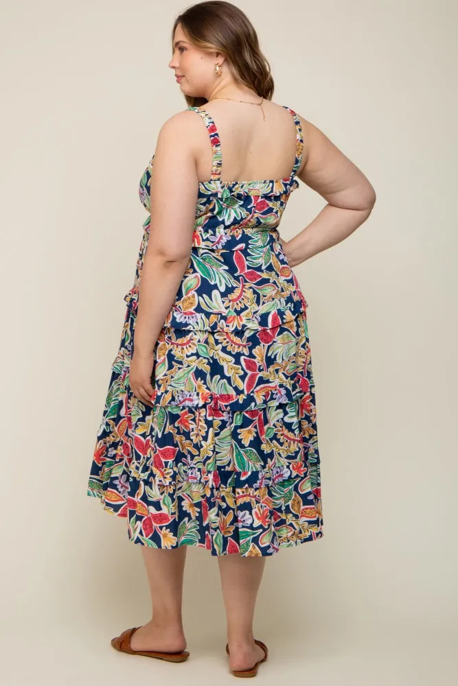Navy Blue Multi-Color Floral Sleeveless Tiered Maternity Plus Midi Dress sold by Pinkblush product image thumbnail 3