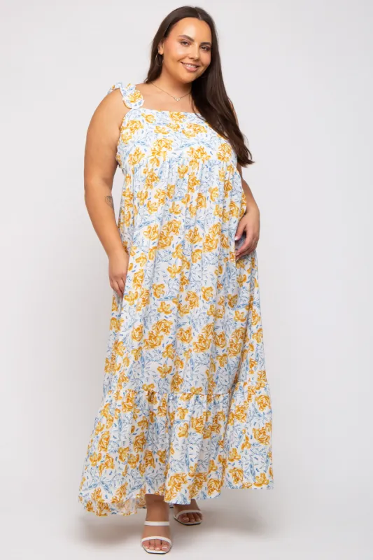 Ivory Floral Ruffle Strap Plus Maxi Dress sold by Pinkblush