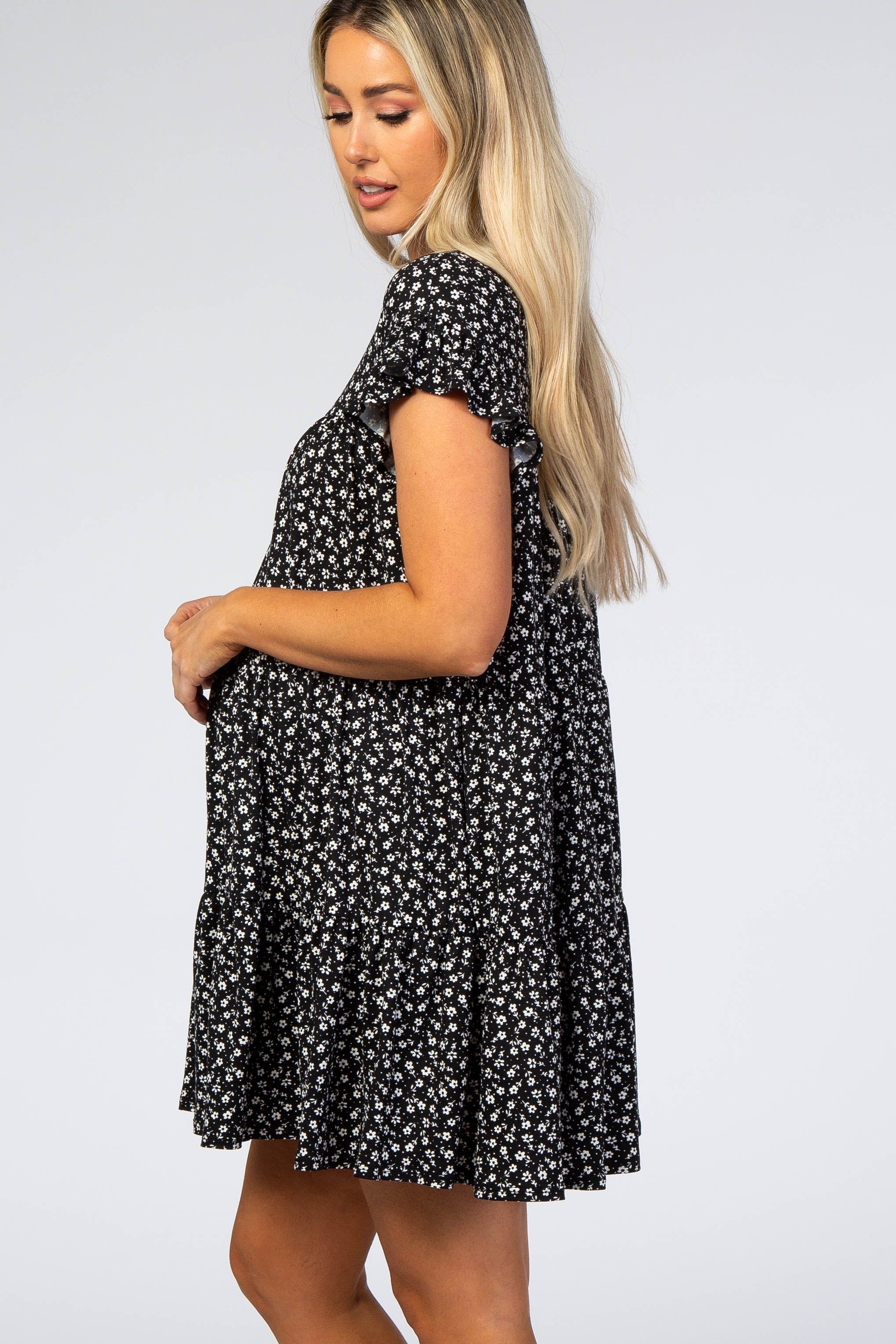 Black Floral Tiered Maternity Mini Dress sold by Pinkblush product image thumbnail 2