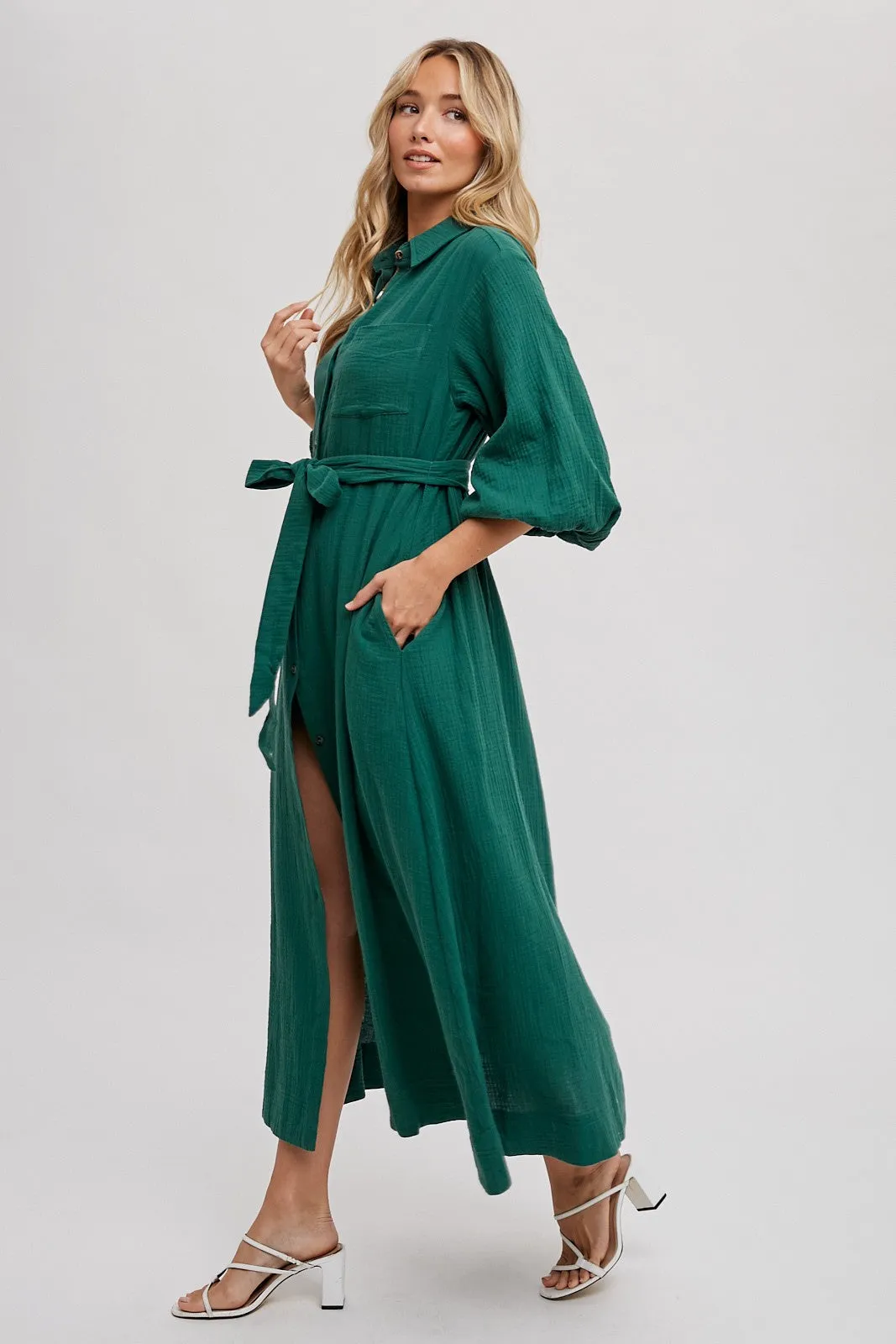 Forest Green Gauze Belted Shirt Midi Dress sold by Pinkblush product image thumbnail 2