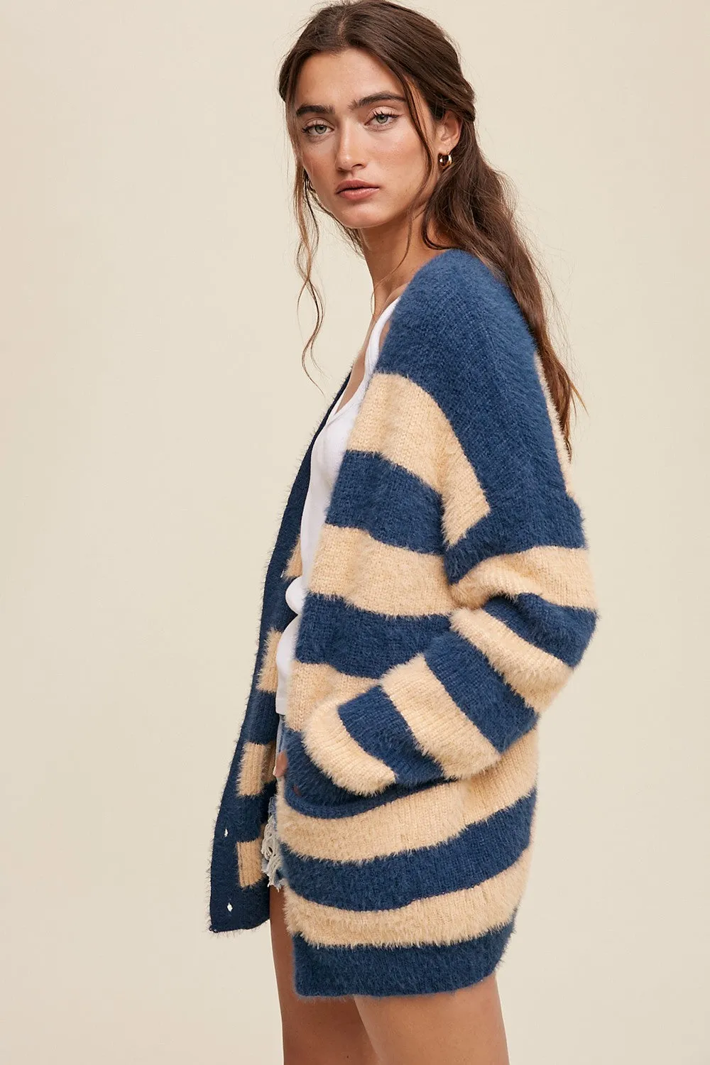 Navy Blue Striped Fuzzy Cardigan sold by Pinkblush product image thumbnail 3