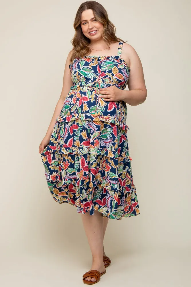 Navy Blue Multi-Color Floral Sleeveless Tiered Maternity Plus Midi Dress sold by Pinkblush product image thumbnail 4