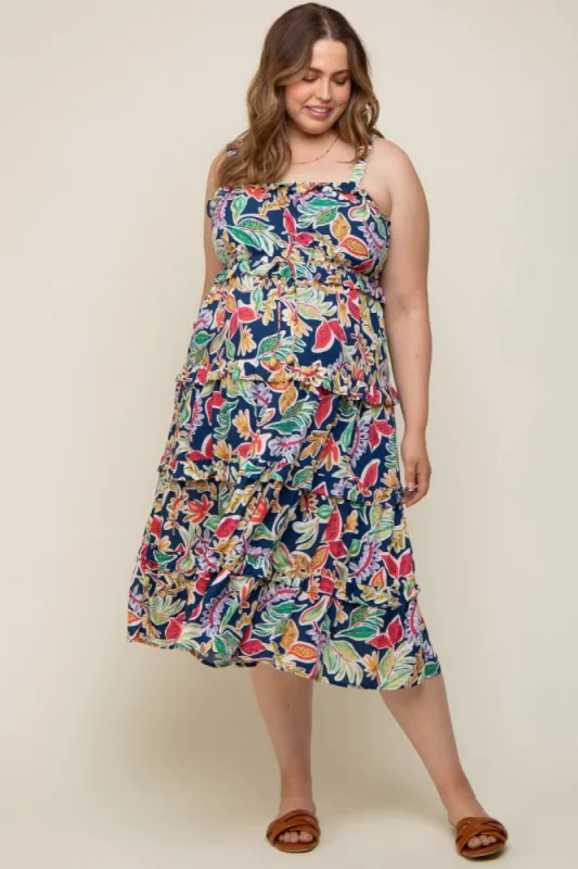 Navy Blue Multi-Color Floral Sleeveless Tiered Maternity Plus Midi Dress sold by Pinkblush