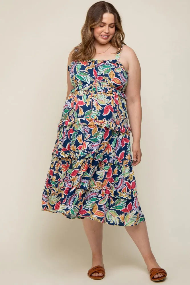Navy Blue Multi-Color Floral Sleeveless Tiered Maternity Plus Midi Dress sold by Pinkblush