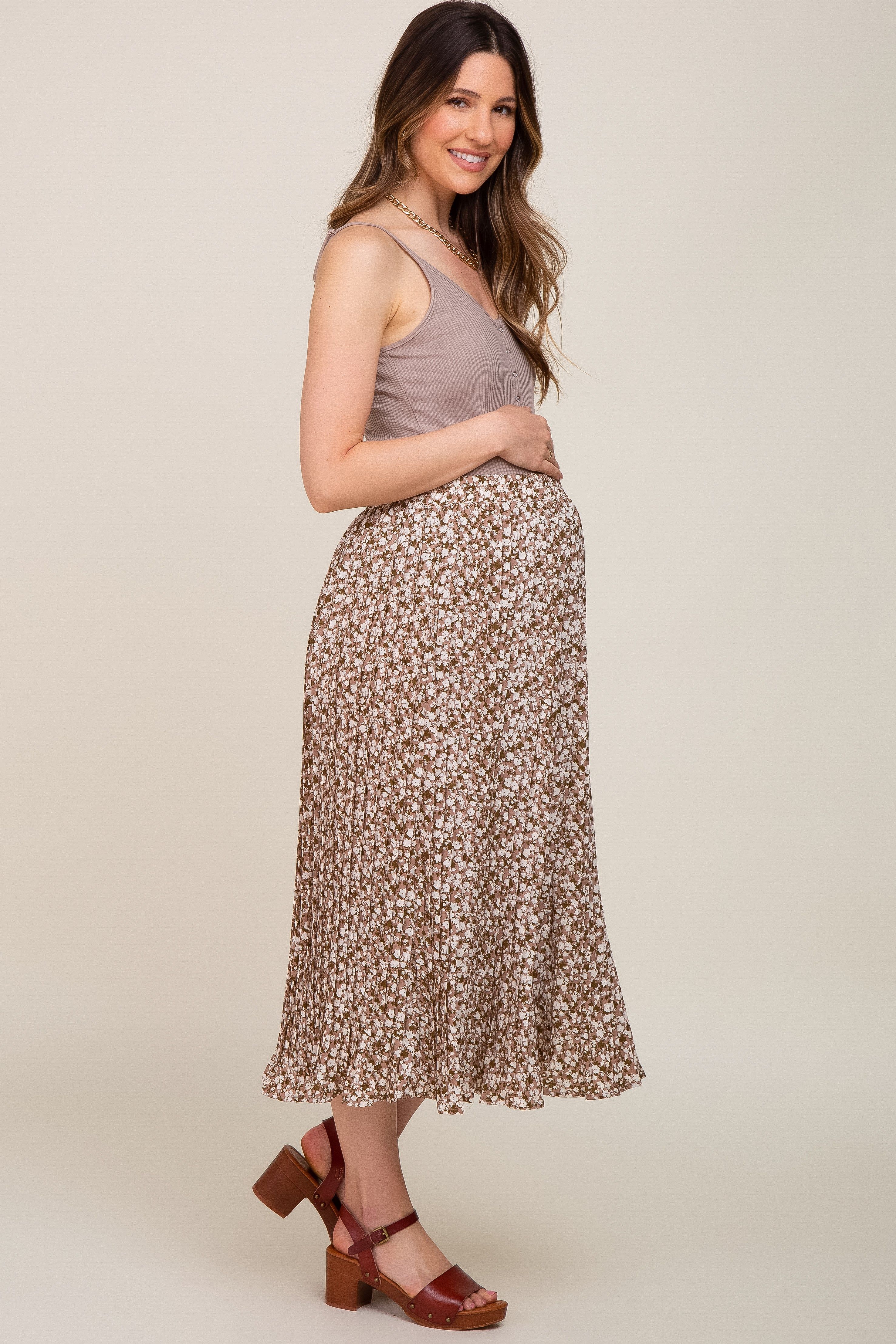 Mauve Floral Pleated Maternity Midi Skirt sold by Pinkblush product image thumbnail 7