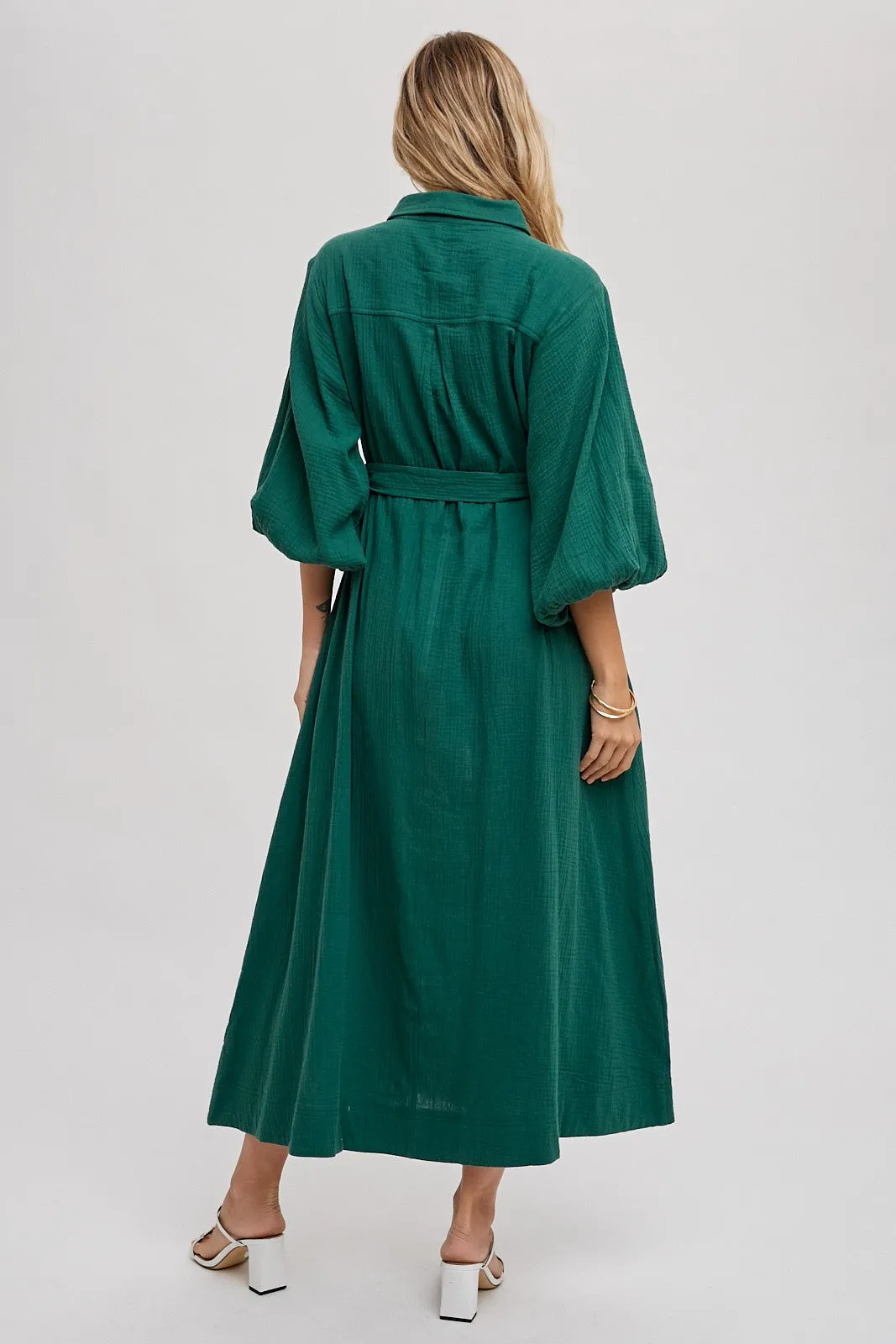 Forest Green Gauze Belted Shirt Midi Dress sold by Pinkblush product image thumbnail 3