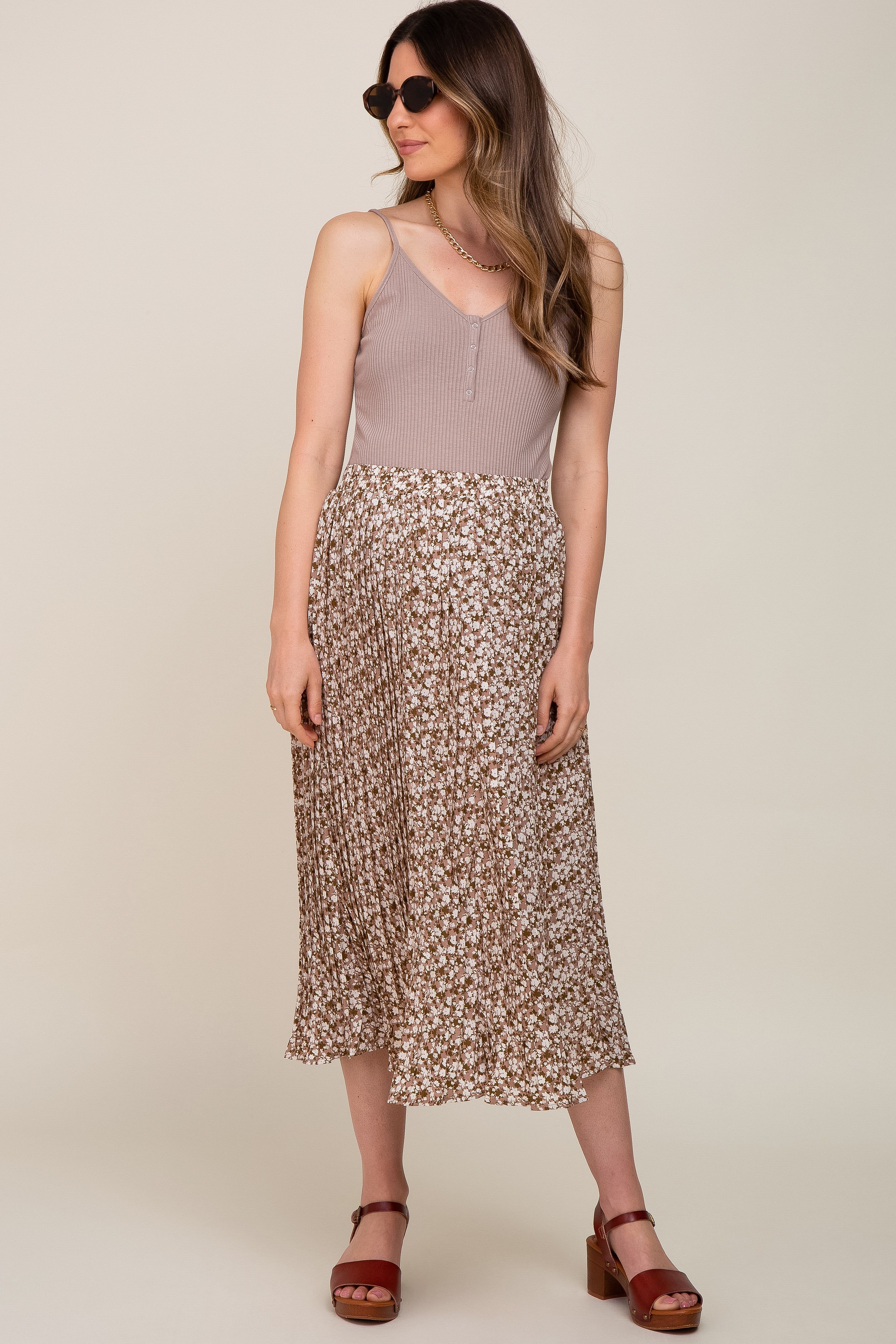 Mauve Floral Pleated Maternity Midi Skirt sold by Pinkblush