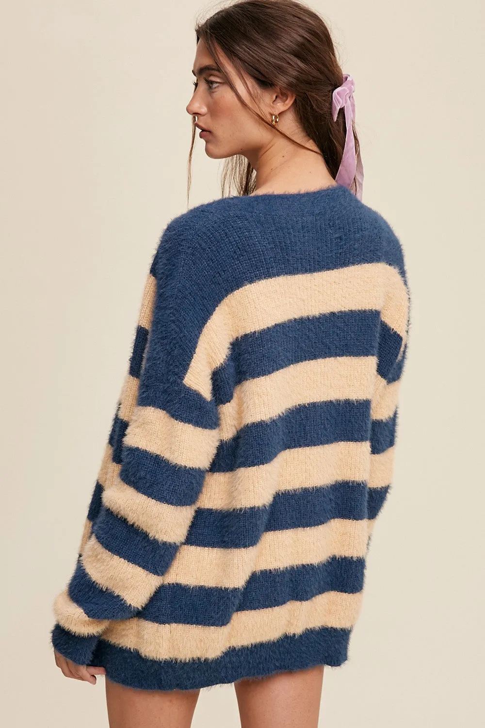 Navy Blue Striped Fuzzy Cardigan sold by Pinkblush product image thumbnail 4