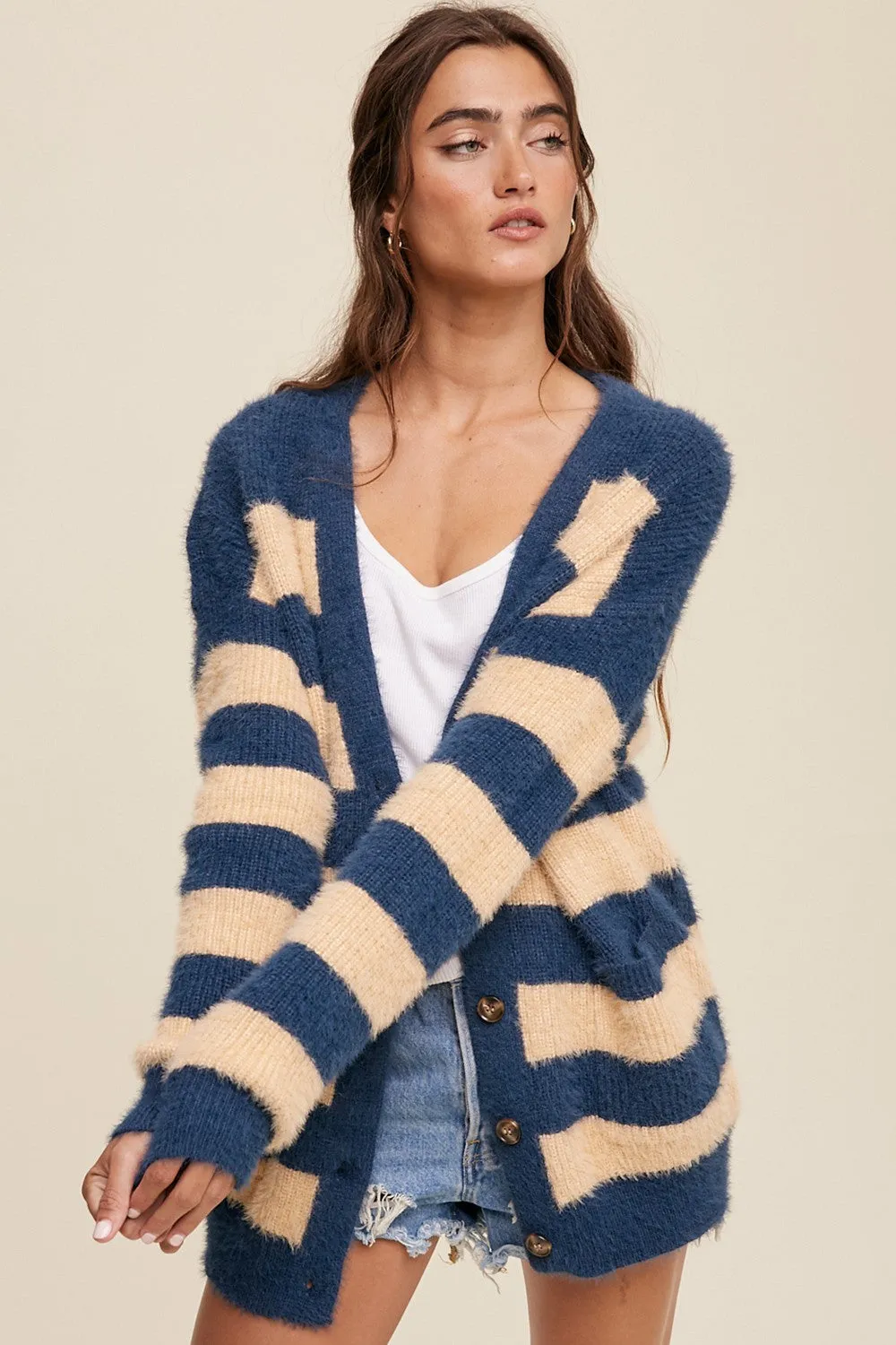Navy Blue Striped Fuzzy Cardigan sold by Pinkblush