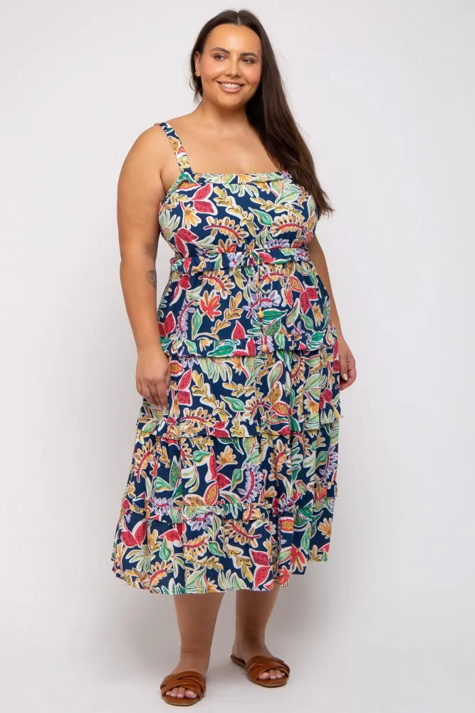 Navy Blue Multi-Color Floral Sleeveless Tiered Maternity Plus Midi Dress sold by Pinkblush product image thumbnail 5