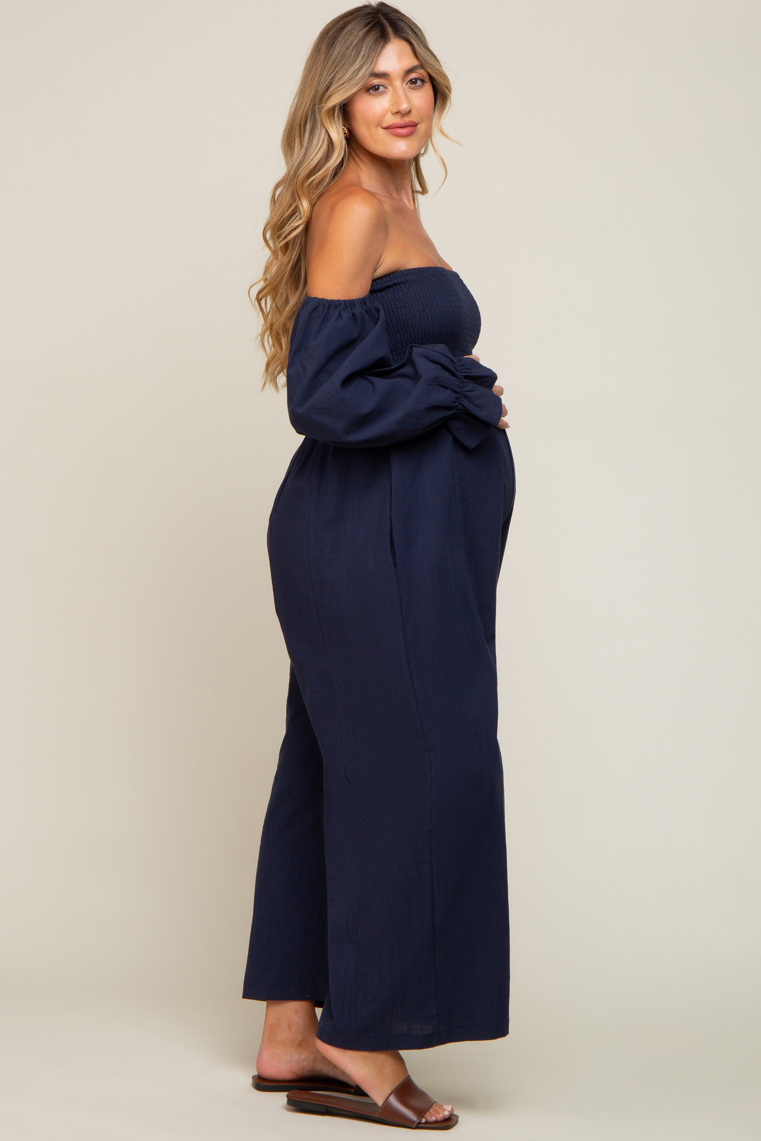Navy Linen Smocked Off Shoulder Wide Leg Maternity Jumpsuit sold by Pinkblush product image thumbnail 3