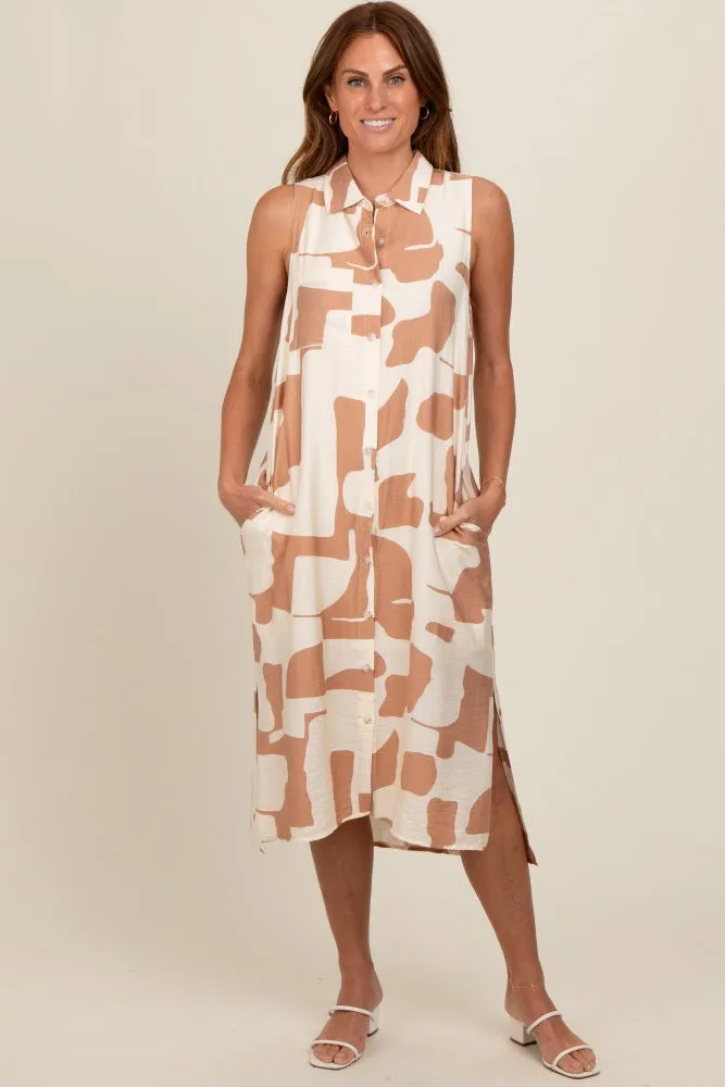 Mocha Printed Button Down Collared Midi Dress sold by Pinkblush