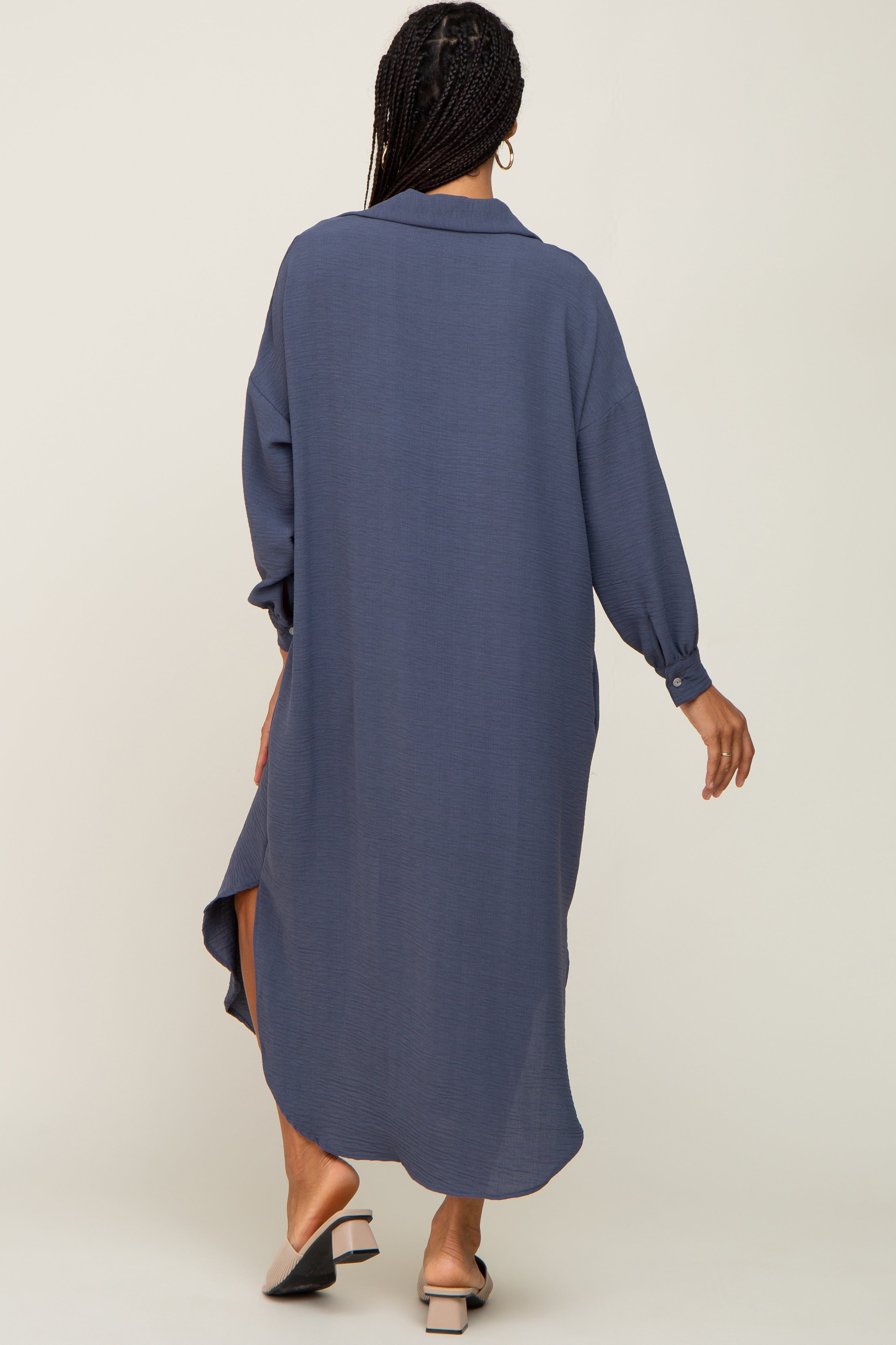 Blue Grey Button Down Front Pocket Midi Dress sold by Pinkblush product image thumbnail 3
