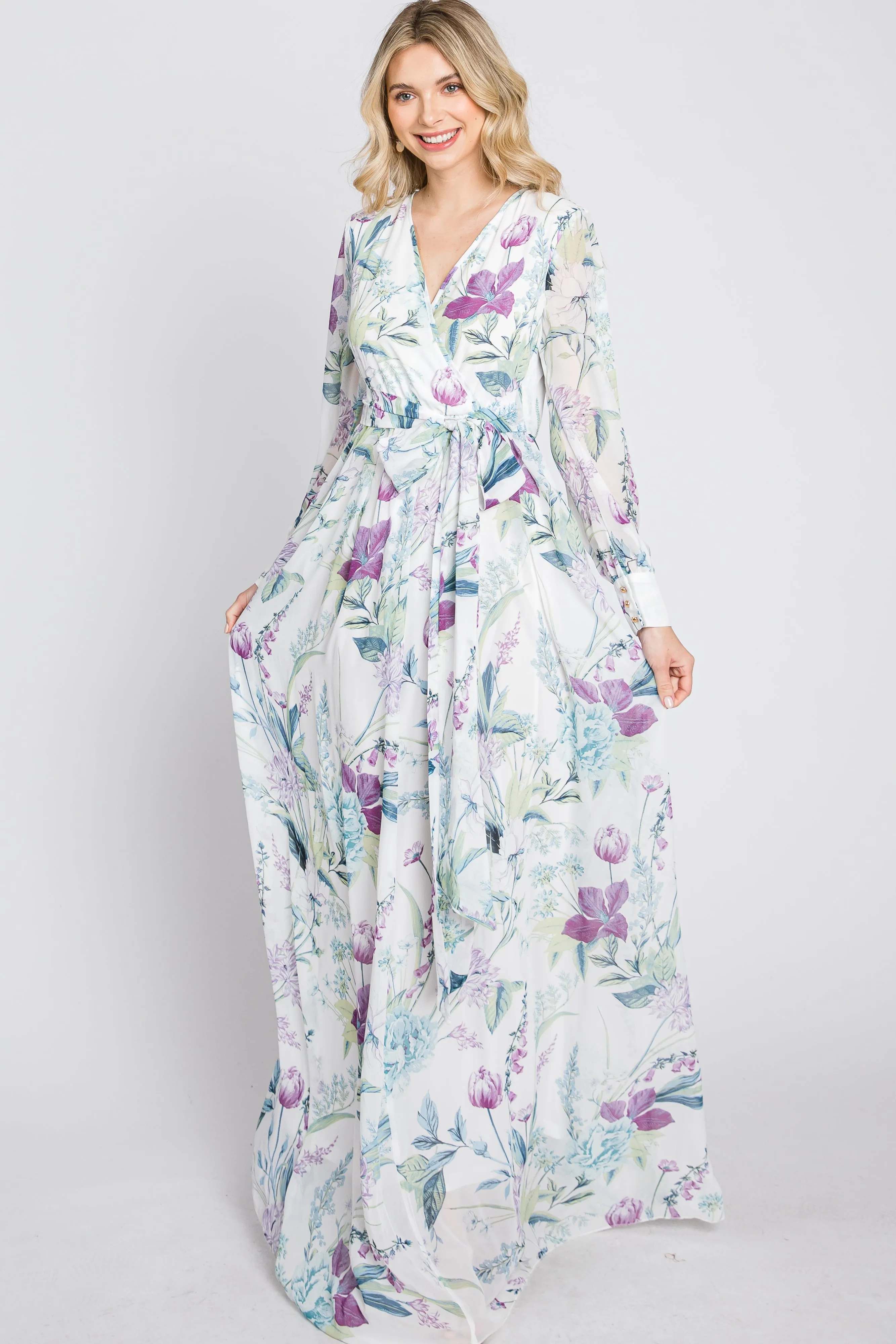 White Floral Chiffon Long Sleeve Pleated Maxi Dress sold by Pinkblush product image thumbnail 2