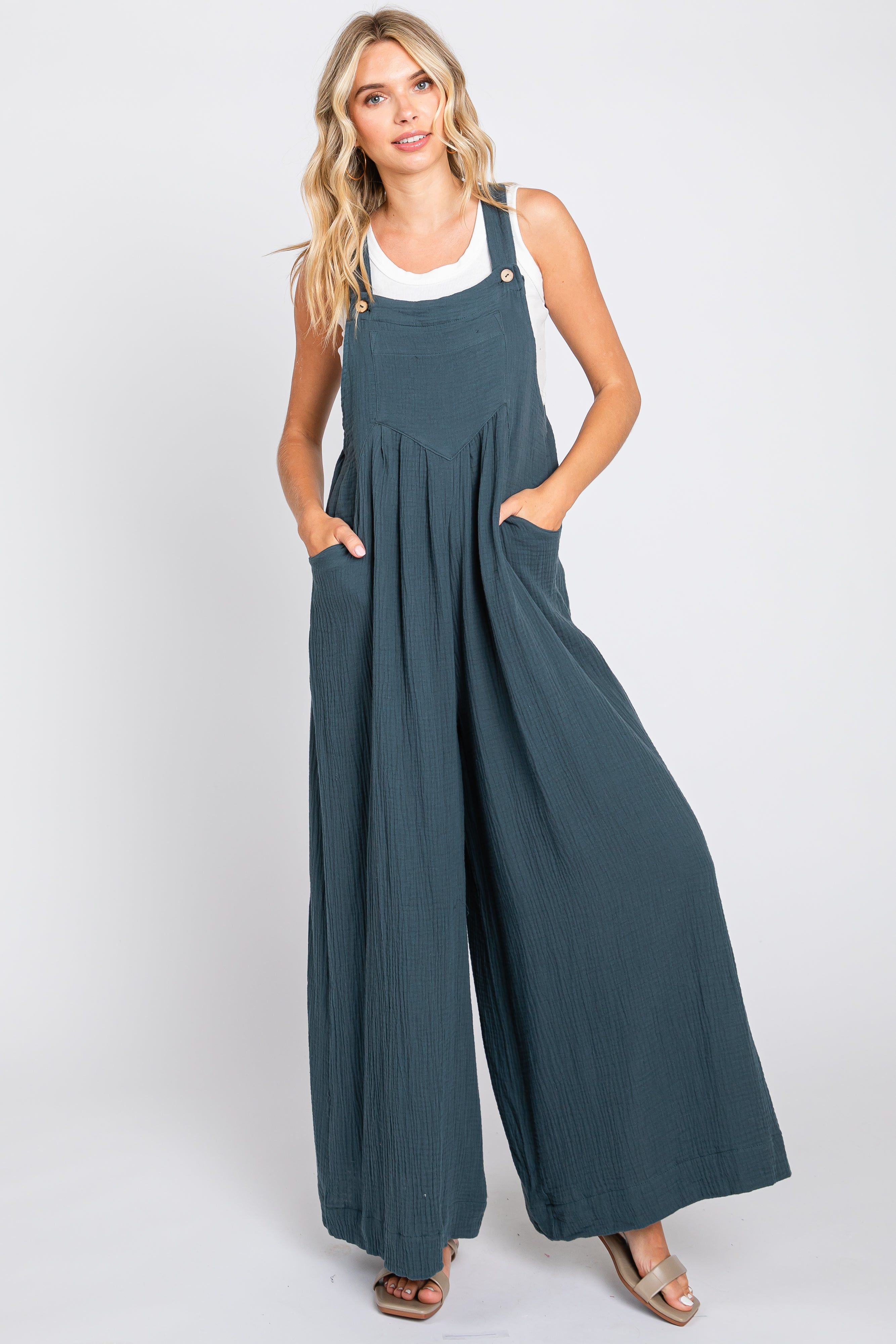 Dark Teal Pocket Front Wide Leg Jumpsuit sold by Pinkblush