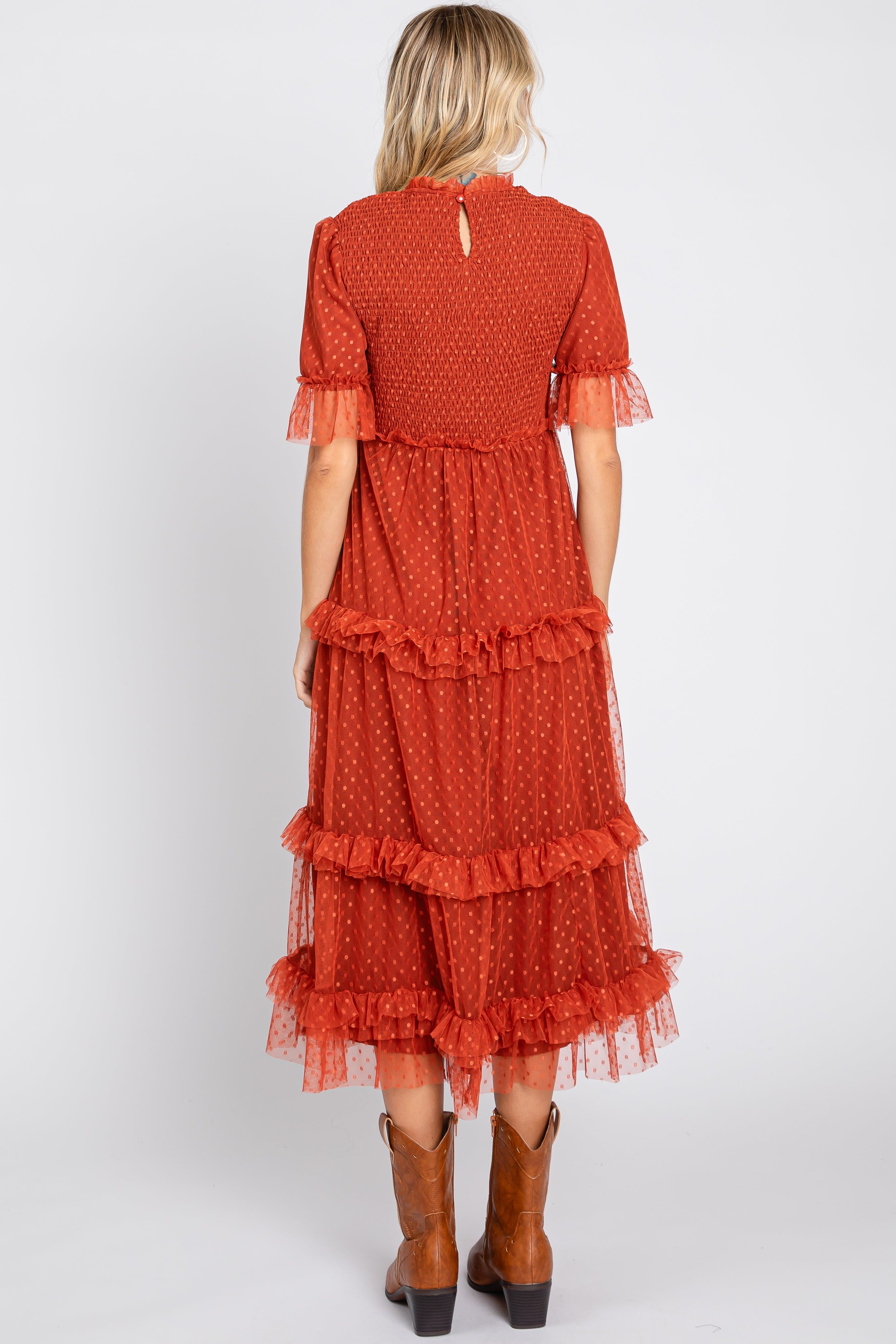 Rust Polka Dot Tulle Smocked Midi Dress sold by Pinkblush product image thumbnail 3