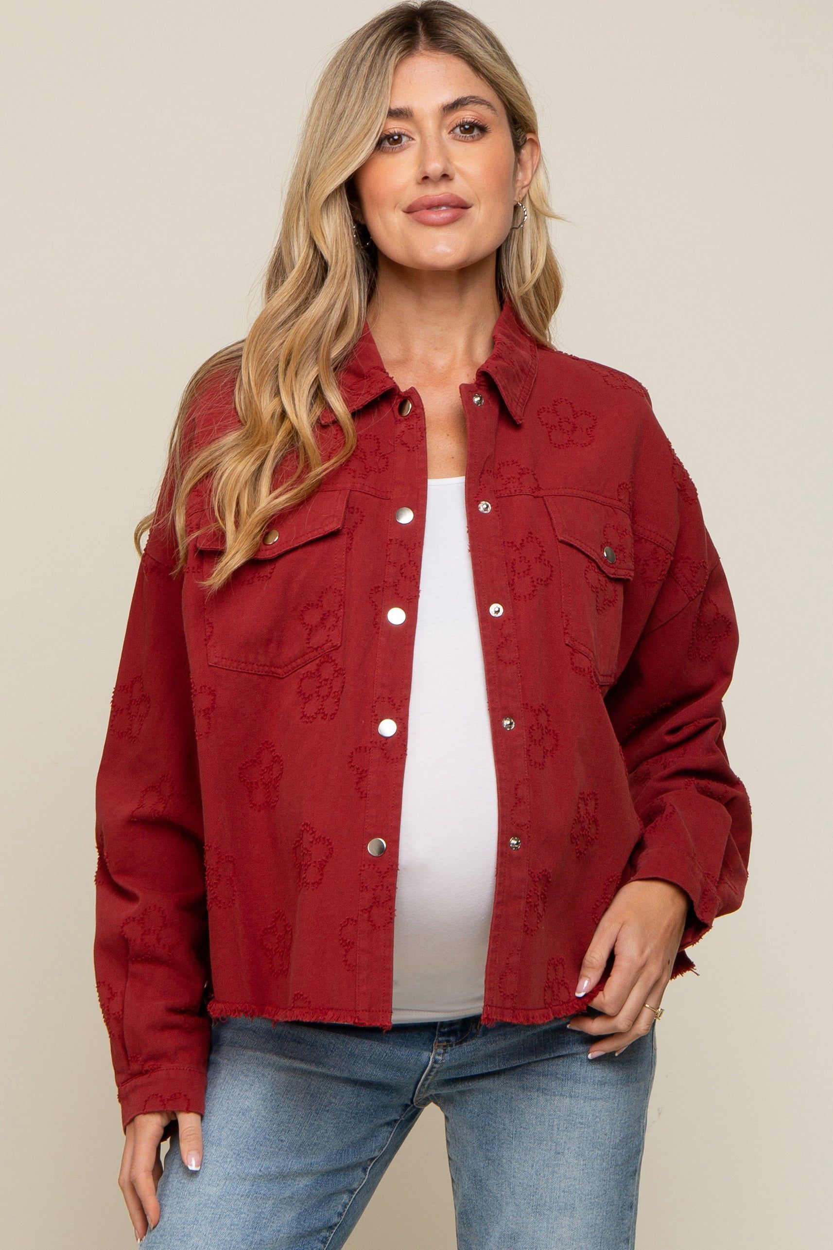 Rust Floral Embroidered Maternity Shirt Jacket sold by Pinkblush
