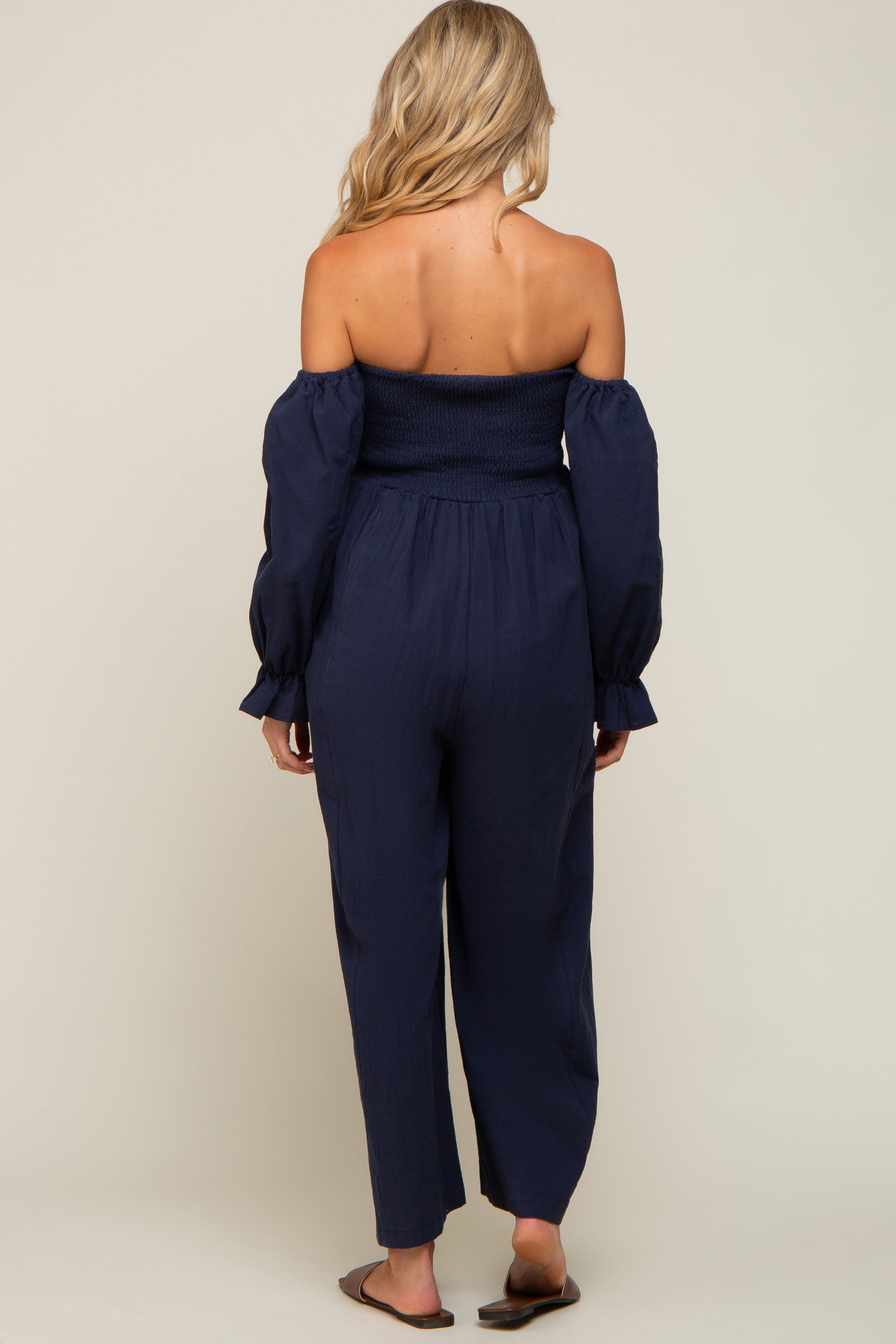 Navy Linen Smocked Off Shoulder Wide Leg Maternity Jumpsuit sold by Pinkblush product image thumbnail 4