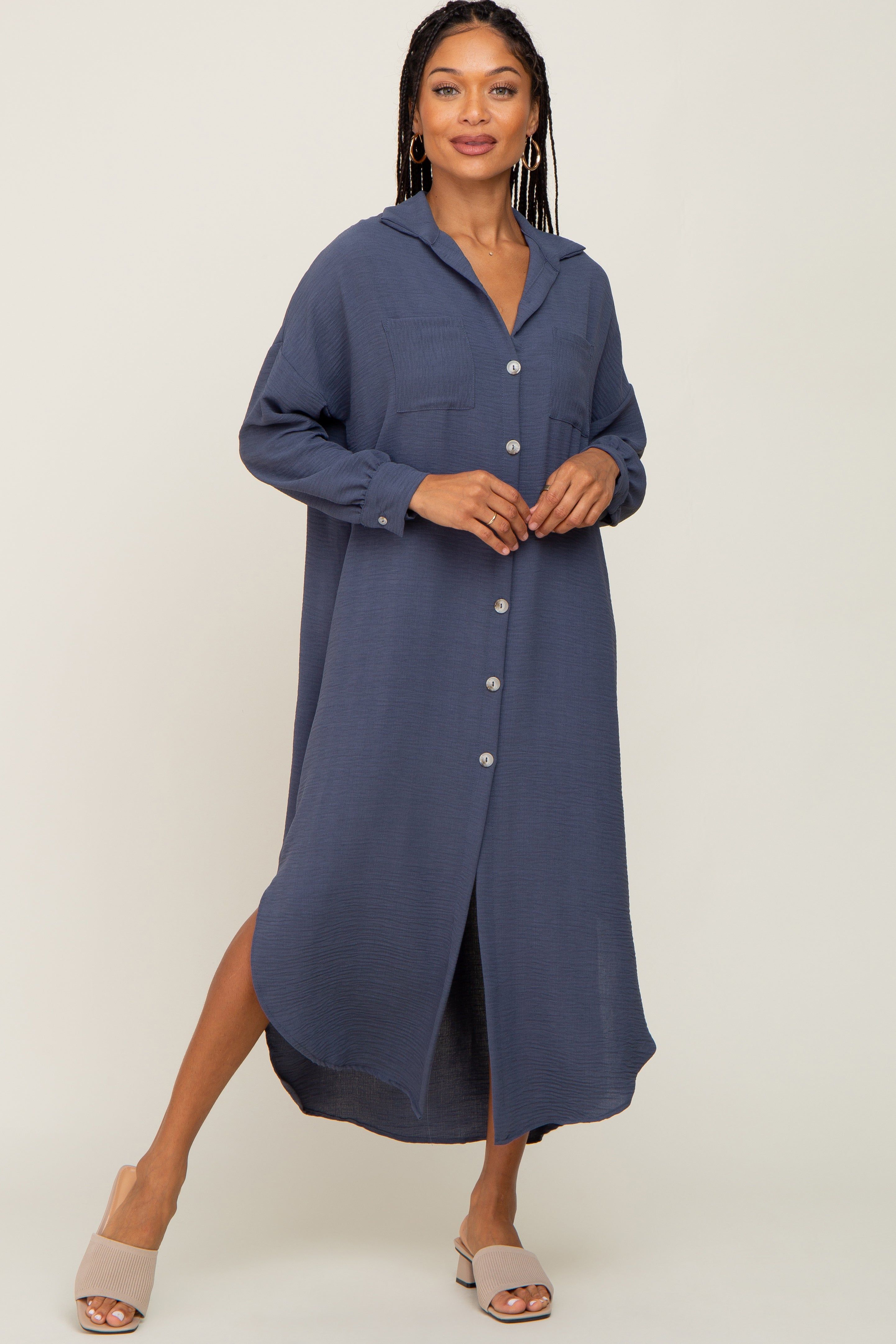 Blue Grey Button Down Front Pocket Midi Dress sold by Pinkblush product image thumbnail 4