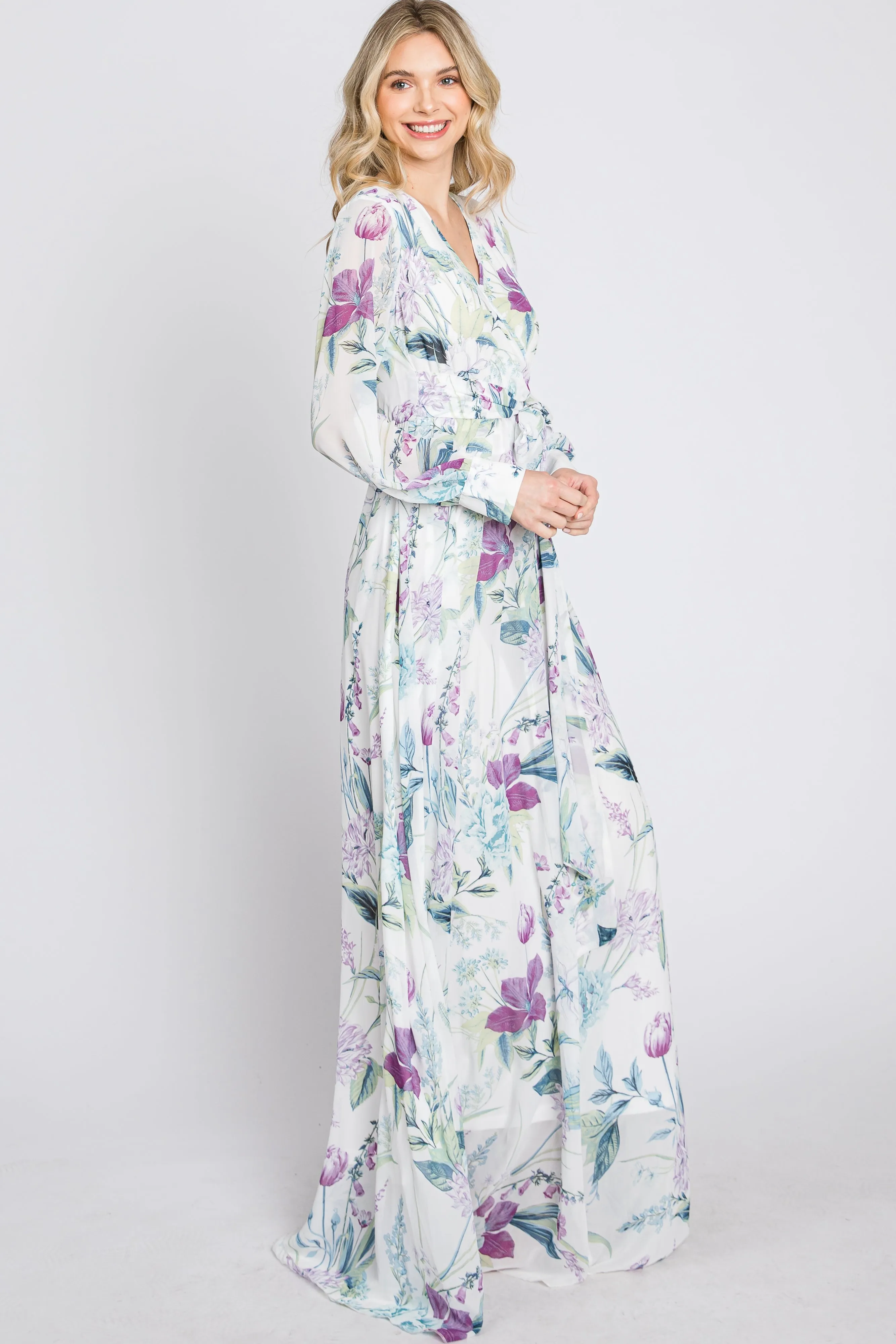 White Floral Chiffon Long Sleeve Pleated Maxi Dress sold by Pinkblush product image thumbnail 5