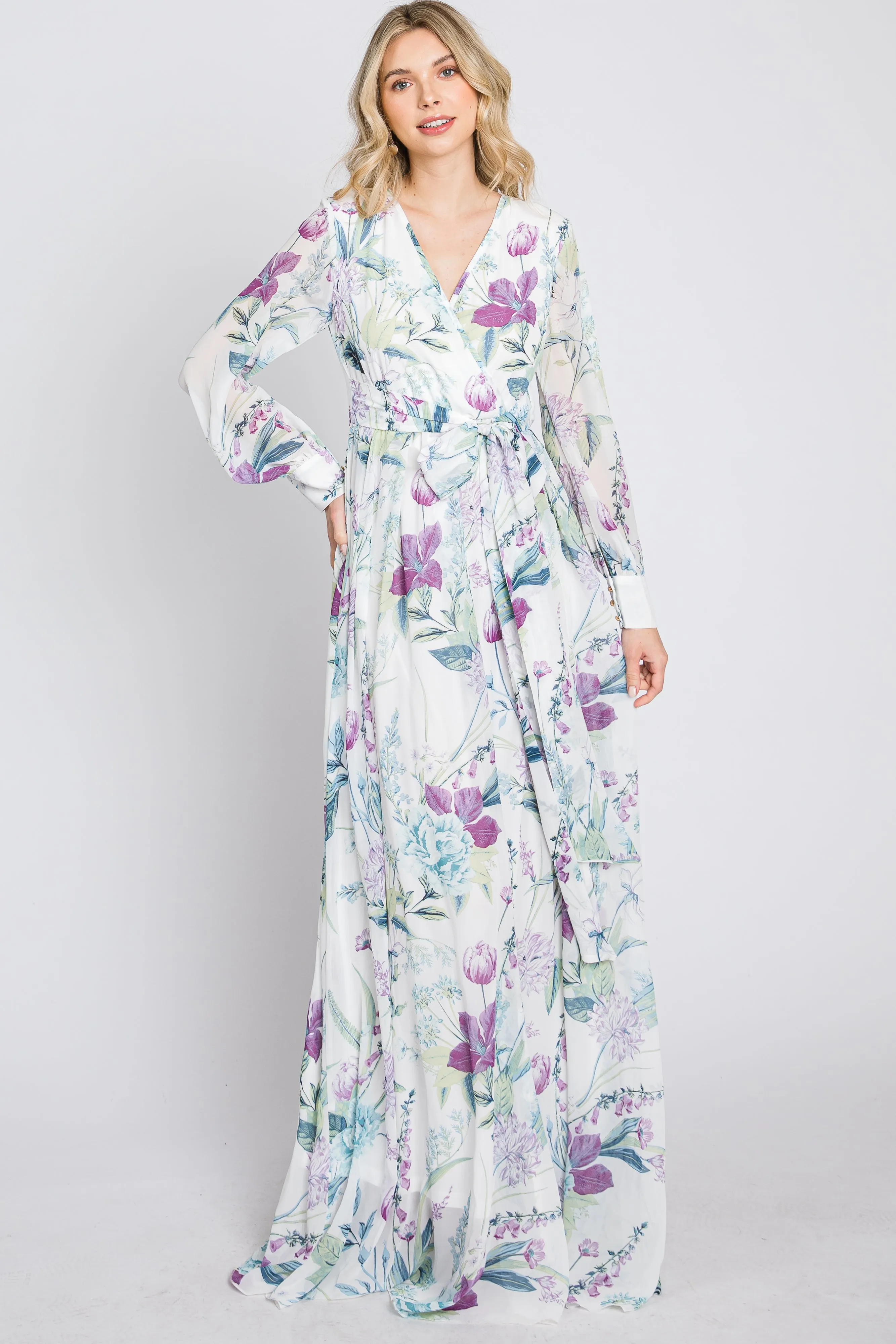 White Floral Chiffon Long Sleeve Pleated Maxi Dress sold by Pinkblush product image thumbnail 3