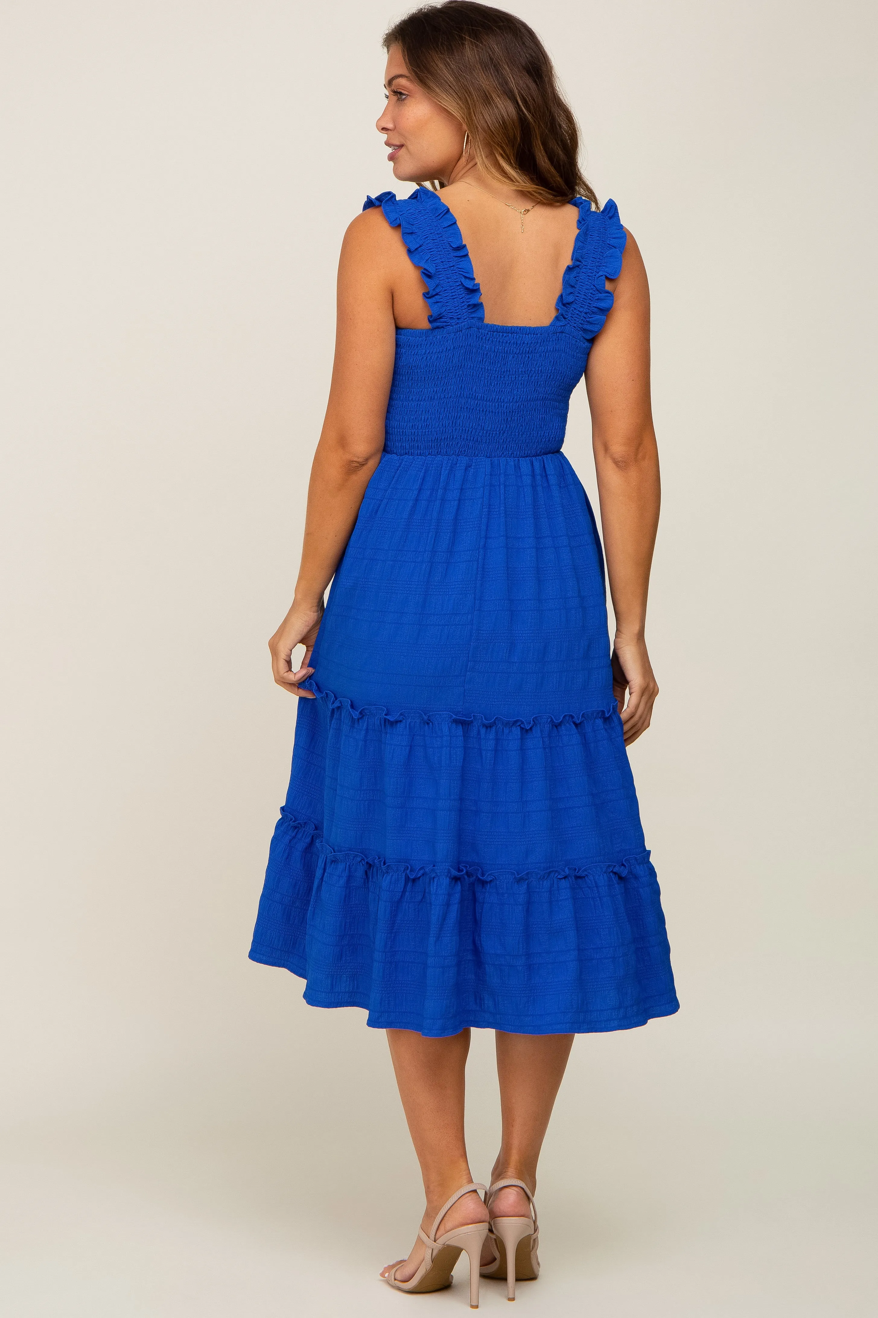 Royal Smocked Square Neck Ruffle Strap Tiered Maternity Midi Dress sold by Pinkblush product image thumbnail 3