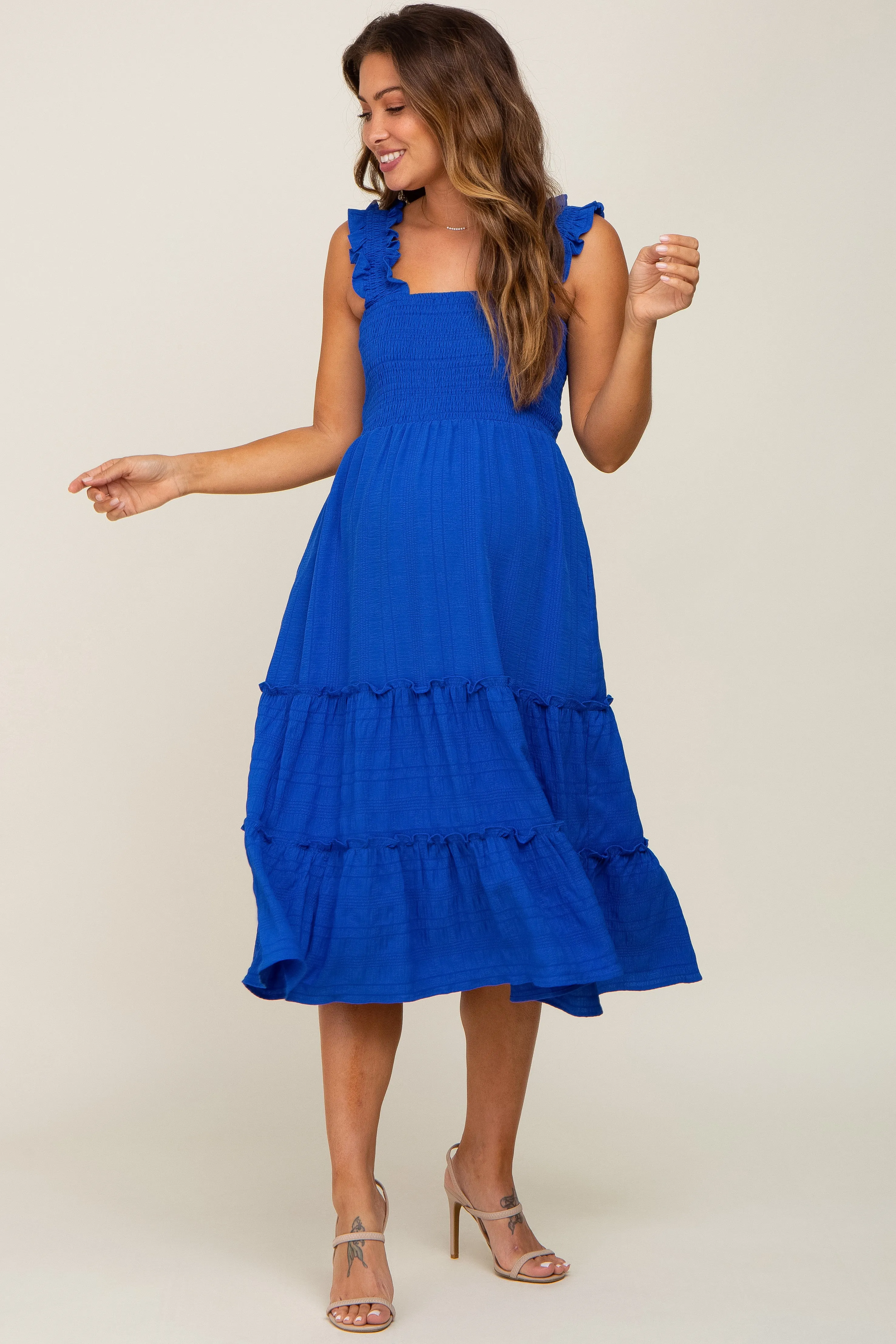 Royal Smocked Square Neck Ruffle Strap Tiered Maternity Midi Dress sold by Pinkblush