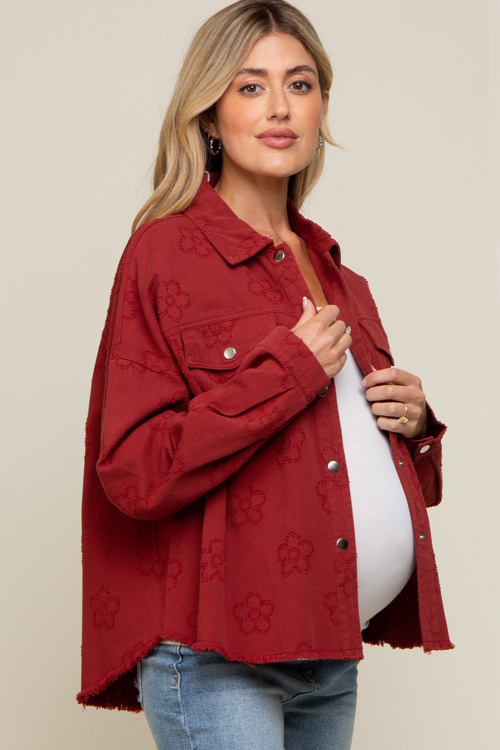 Rust Floral Embroidered Maternity Shirt Jacket sold by Pinkblush product image thumbnail 2