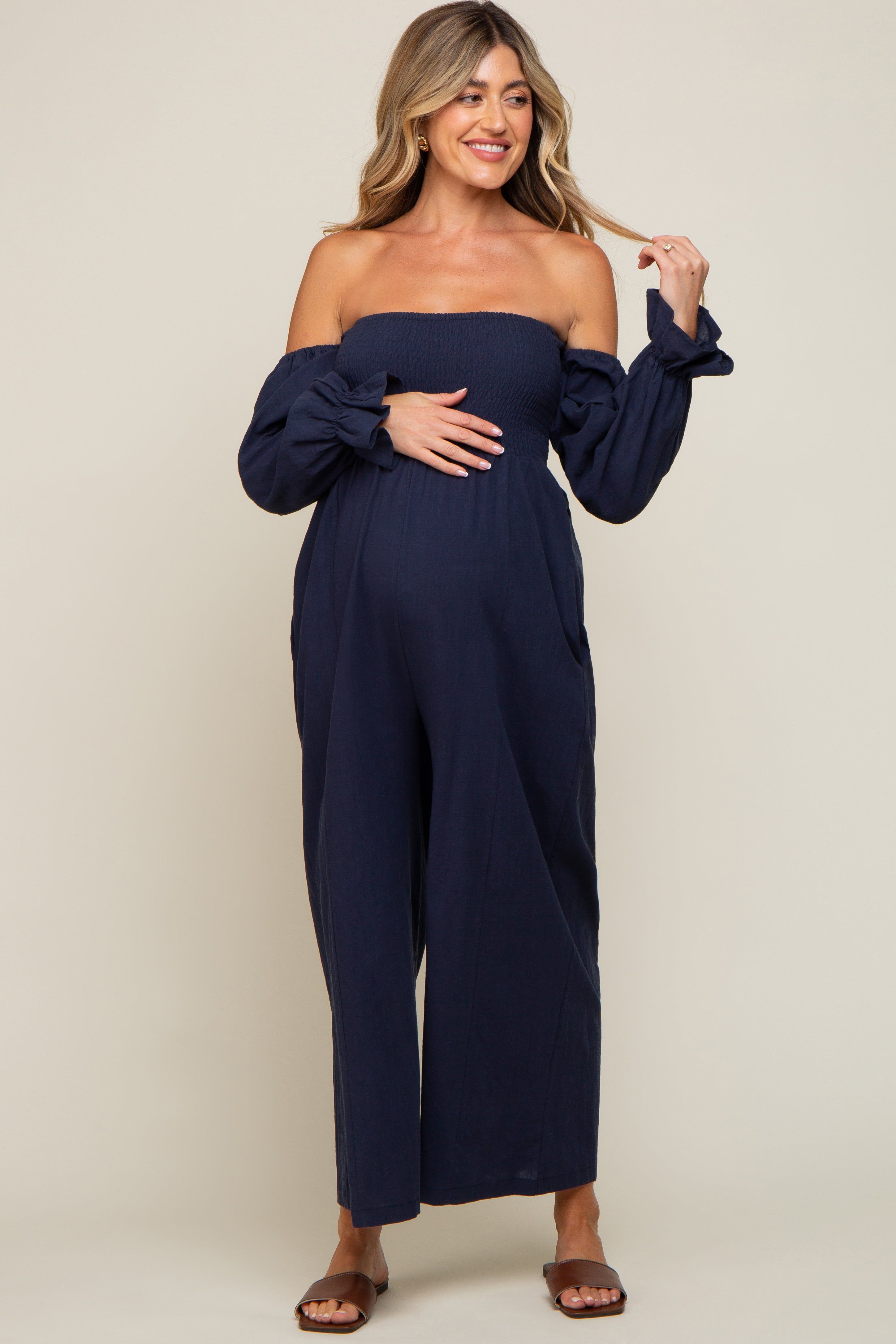 Navy Linen Smocked Off Shoulder Wide Leg Maternity Jumpsuit sold by Pinkblush product image thumbnail 5
