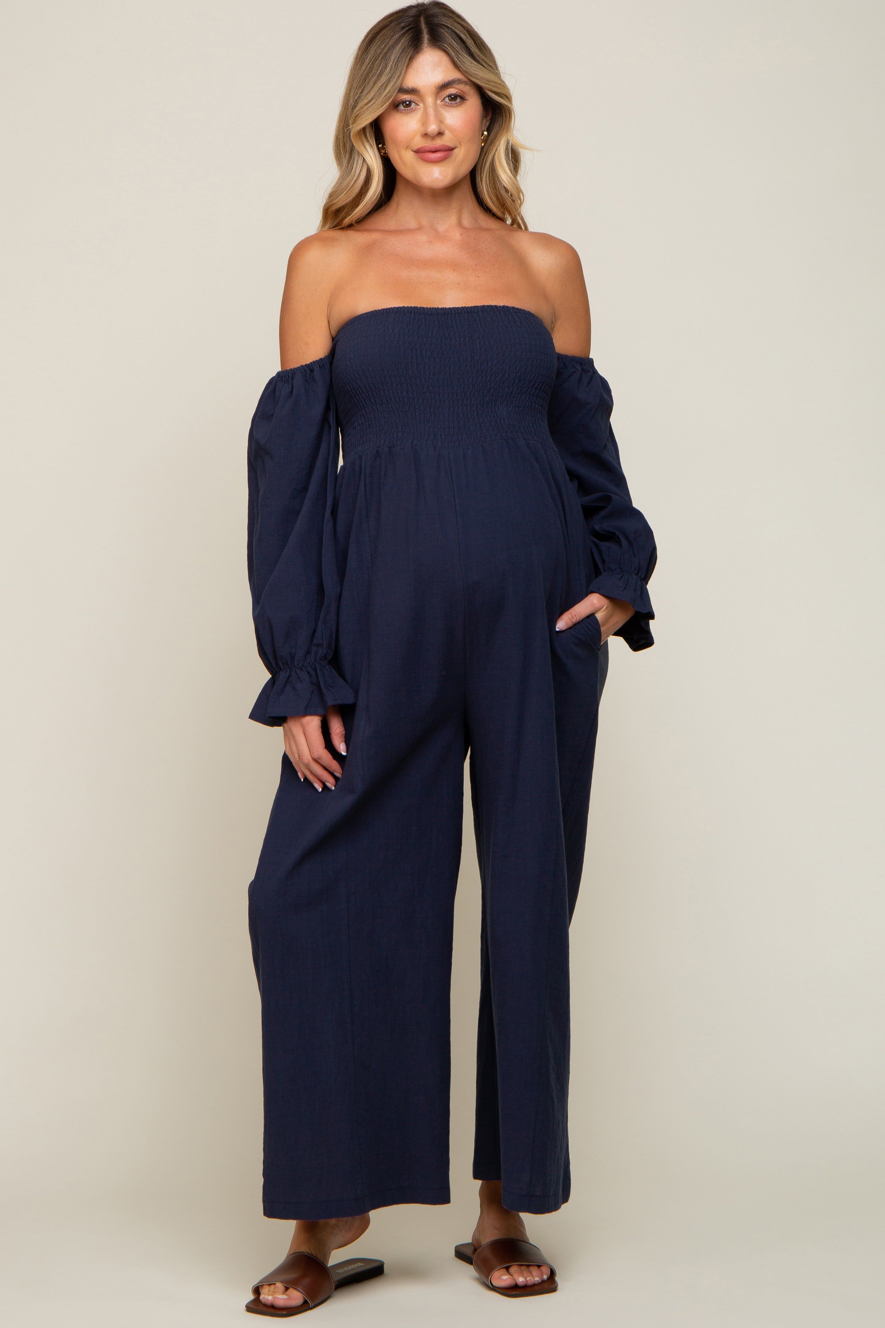 Navy Linen Smocked Off Shoulder Wide Leg Maternity Jumpsuit sold by Pinkblush product image thumbnail 2