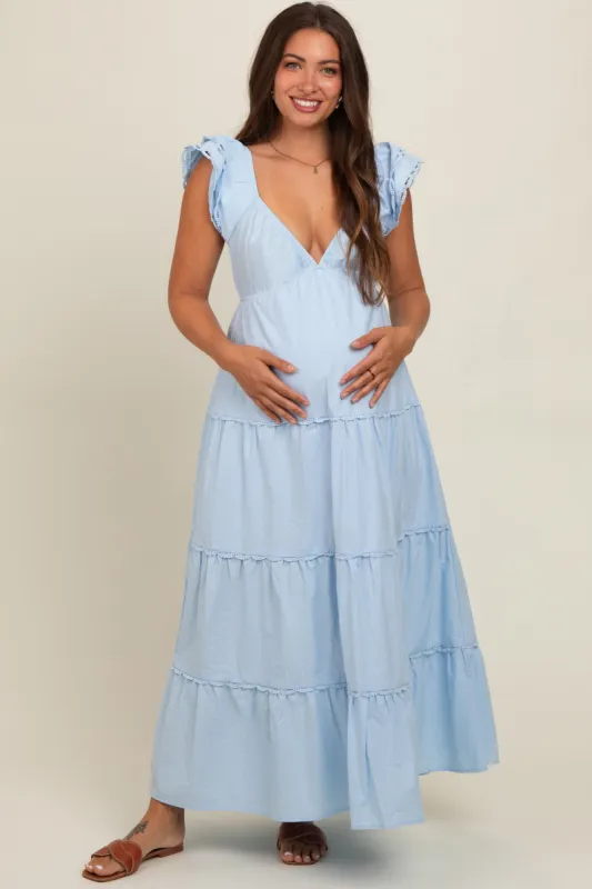 Light Blue Ruffle Trim Maternity Maxi Dress sold by Pinkblush