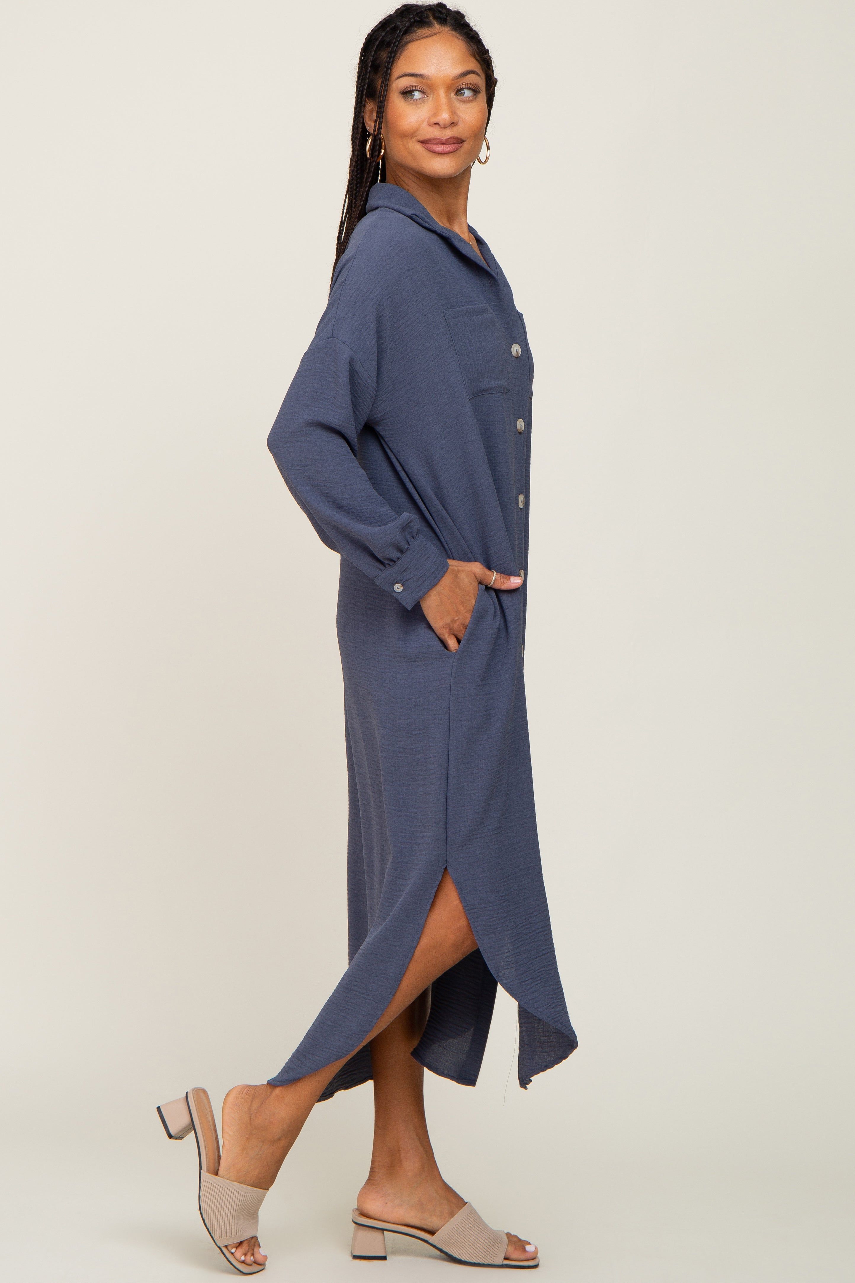 Blue Grey Button Down Front Pocket Midi Dress sold by Pinkblush product image thumbnail 2