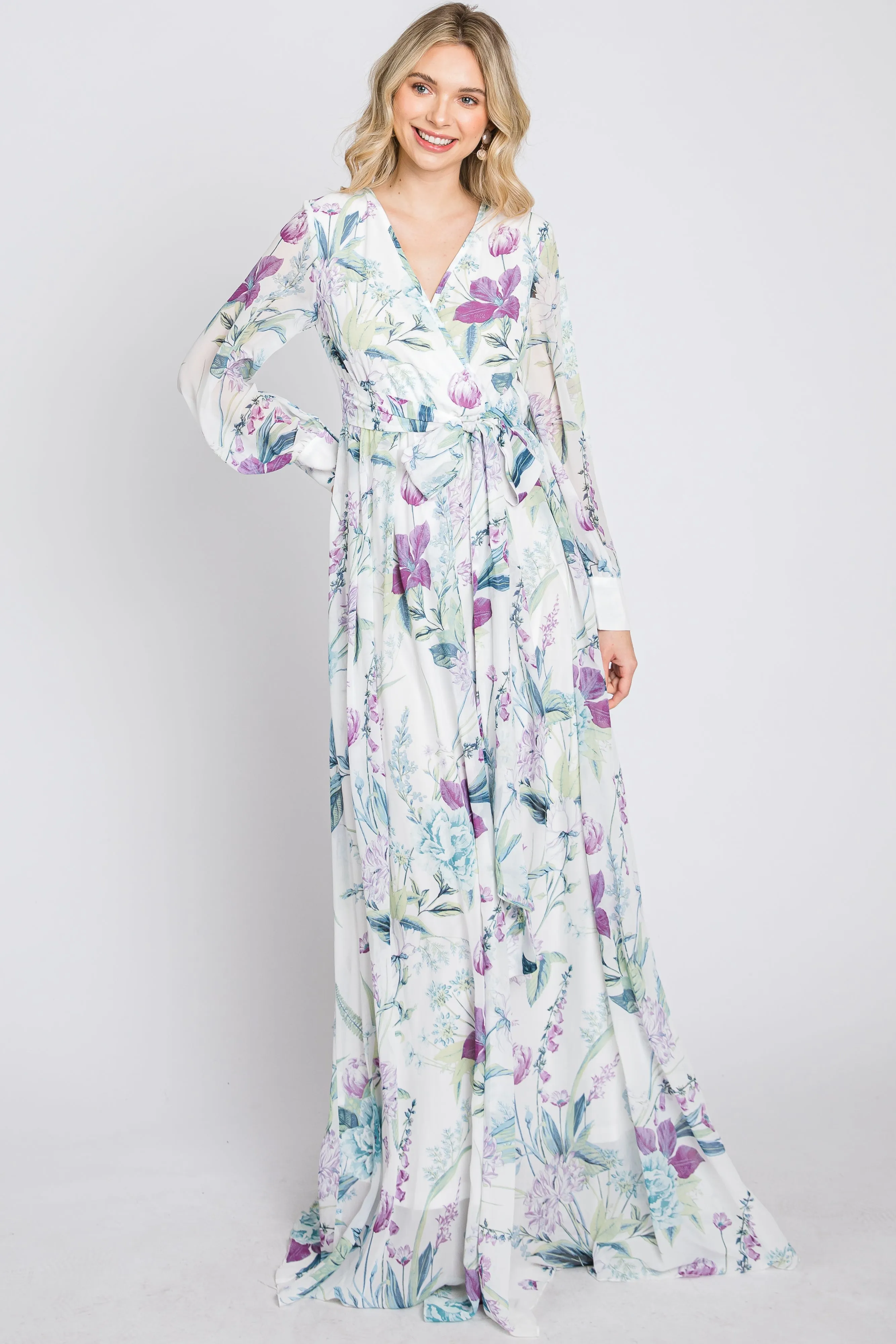 White Floral Chiffon Long Sleeve Pleated Maxi Dress sold by Pinkblush product image thumbnail 4