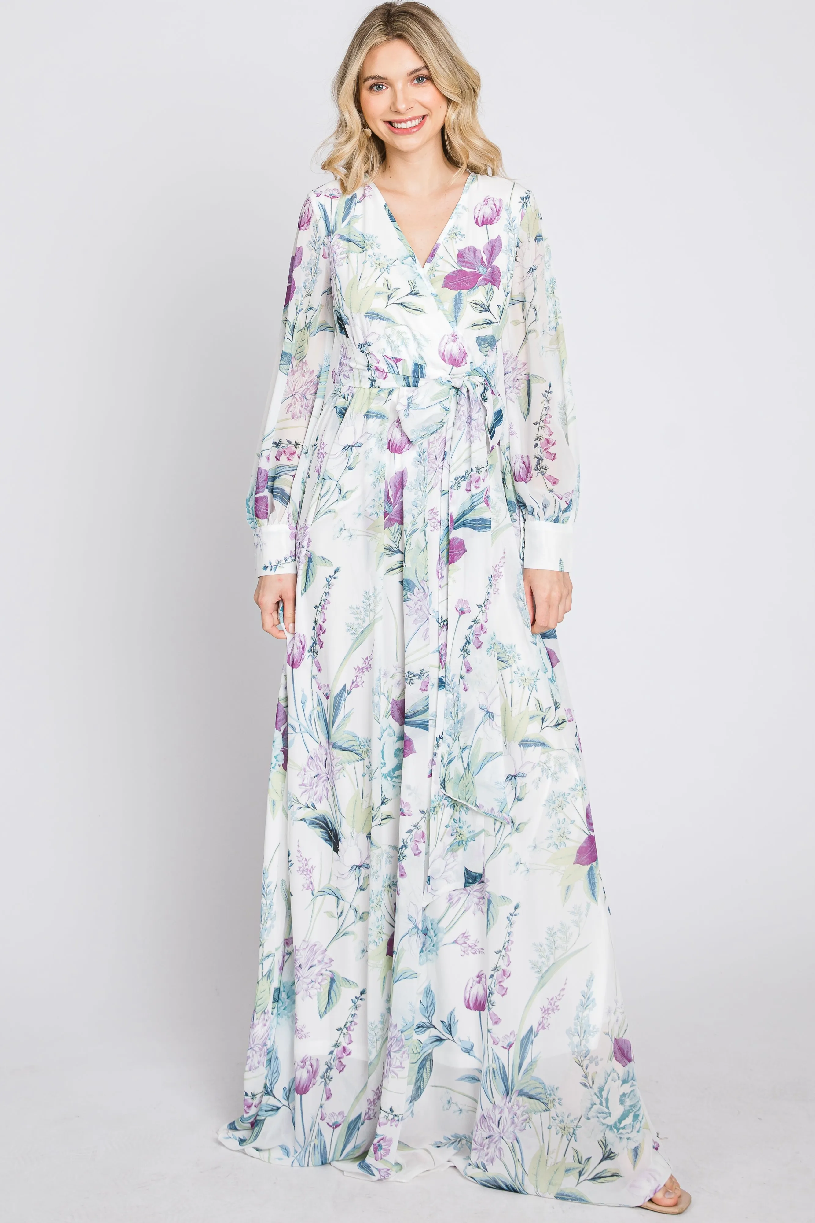 White Floral Chiffon Long Sleeve Pleated Maxi Dress sold by Pinkblush